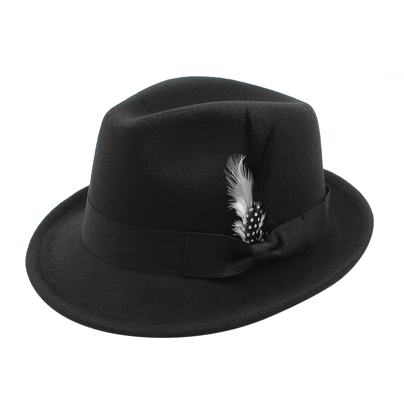 TEMU Flongo Classic Fedora Hats For Men And Women, Short Brim Felt Hat With Feather, Panama Style Dress Hat