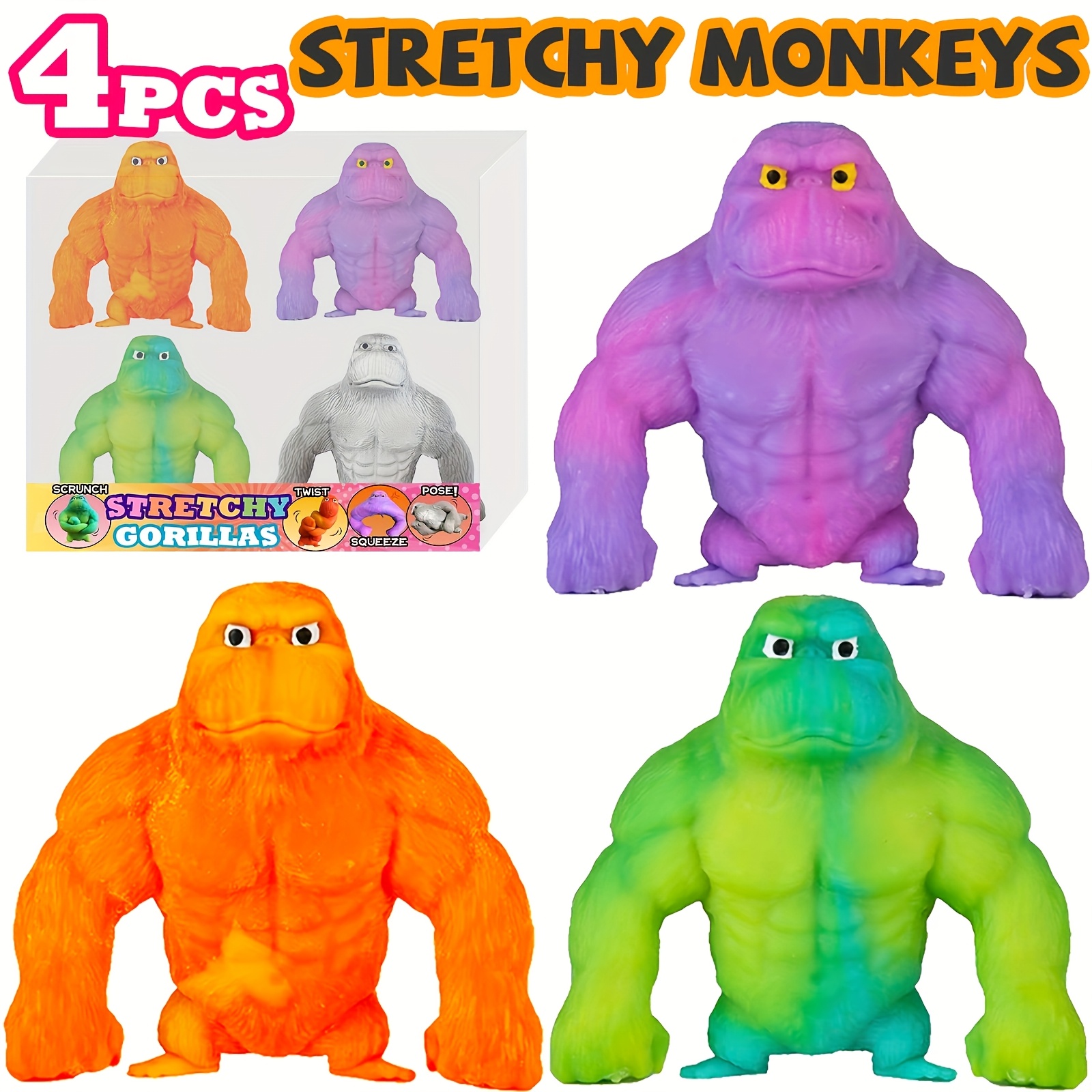 TEMU 4 Pack Mega Gorilla Monkey, Squeeze Stretchy Monkeys- Original Sensory/fidget Collectible Toys Children's Holiday Party Gifts, Christmas,