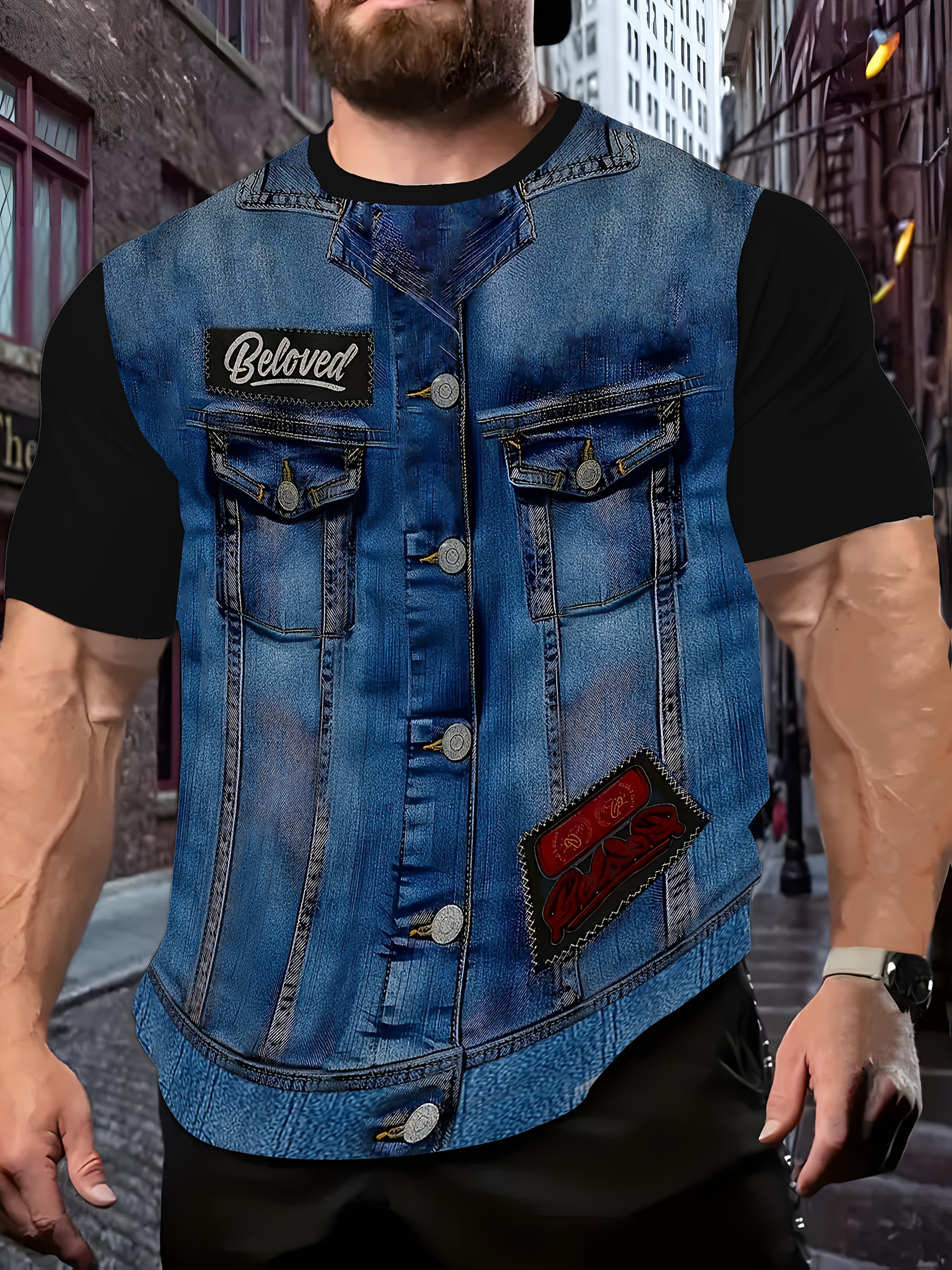 1pc *'S Casual Denim Vest Print Short Sleeve T-Shirt, 3* Print Crew Neck  Tee, Polyester Knit Fabric with Stretch, Regular Fit for Daily Weekend 