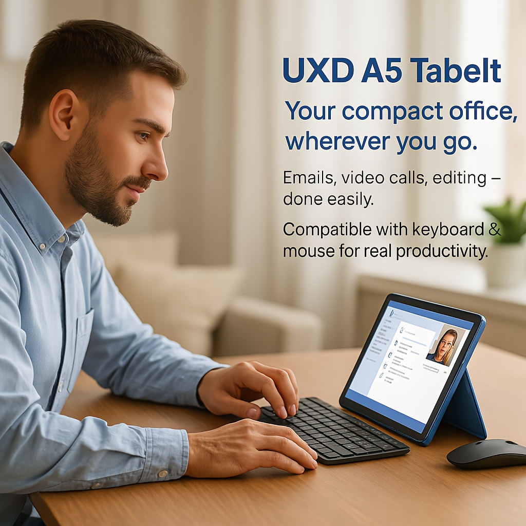 UXD A5 Android 15 Tablet 10,1-inch IPS-scherm, 16GB RAM, 512GB ROM + 1TB Uitbreiding, 4G LTE/WiFi, Octa-core Processor, 6000mAh Batterij, Compleet met Toetsenbord, Muis, Stylus, Beschermhoes en Andere Accessoires. Ideaal voor Onderwijs, Entertainment en Kantoor