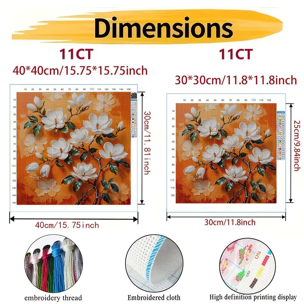 DIY Cross-Stitch Printed Kit, "White Magnolia on Orange Background" Pattern