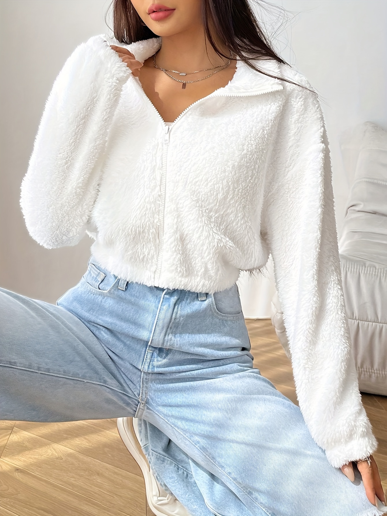 veste teddy zippée de couleur  , manteau décontracté à manches longues et épaules tombantes pour lautomne et lhiver, vêtements pour femmes Détails du produit 3