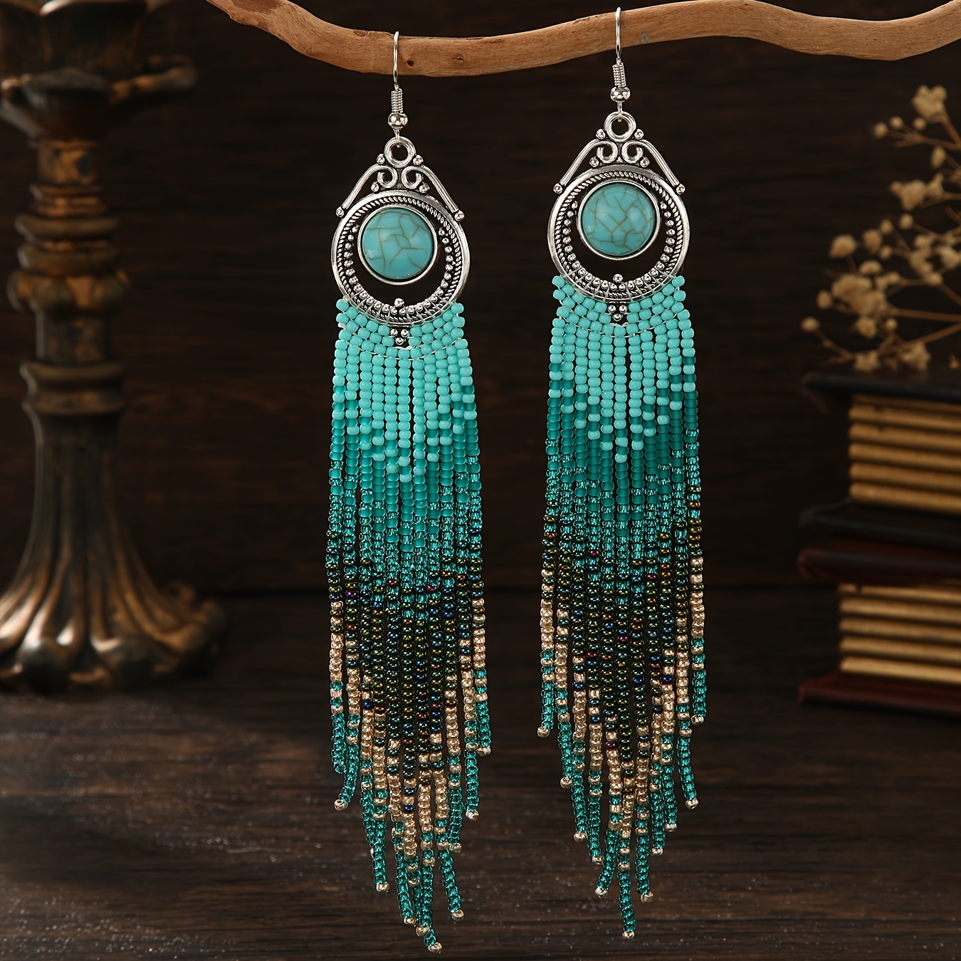 TEMU Boucles d'oreilles longues à pompons avec perles de rocaille dégradées et base en métal tissé à , style élégant, boucles d'oreilles ethniques