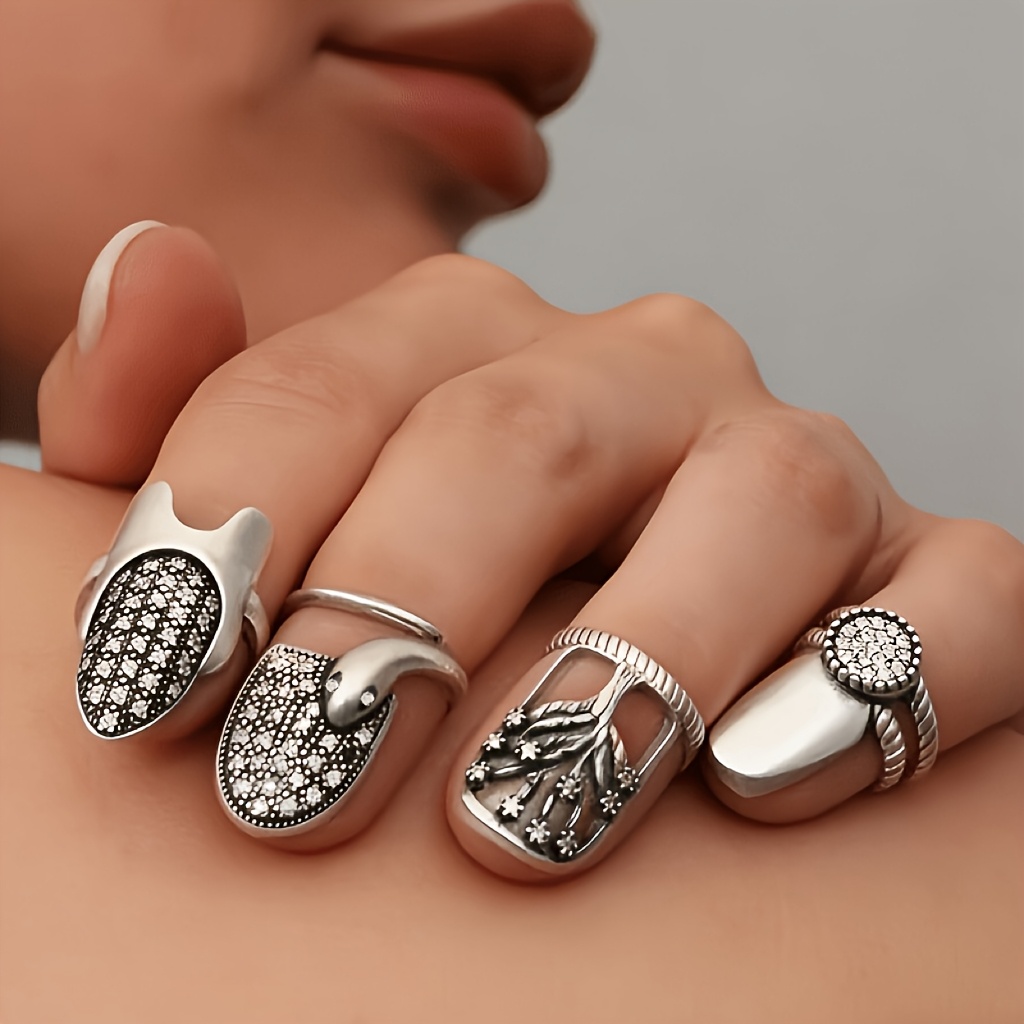 Image of 4pcs Bohemian Vintage For Nail Rings For - Adjustable Opening Suitable For Daily Wear, Parties, Valentine's Gifts, Elegant For Nail, Retro For Nail Decorations