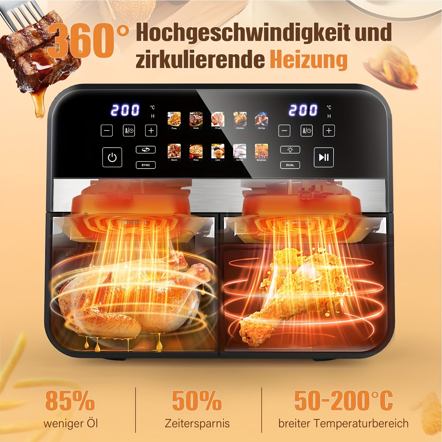 10.5L 10-in-1 Dualzone Airfryer met 2 aparte frituurmanden, transparante ramen en opties om koken en synchroniseren van afwerkingen te combineren voor dehydratatie, ontvriesfunctie, roosteren, bakken, herwarmen en meer