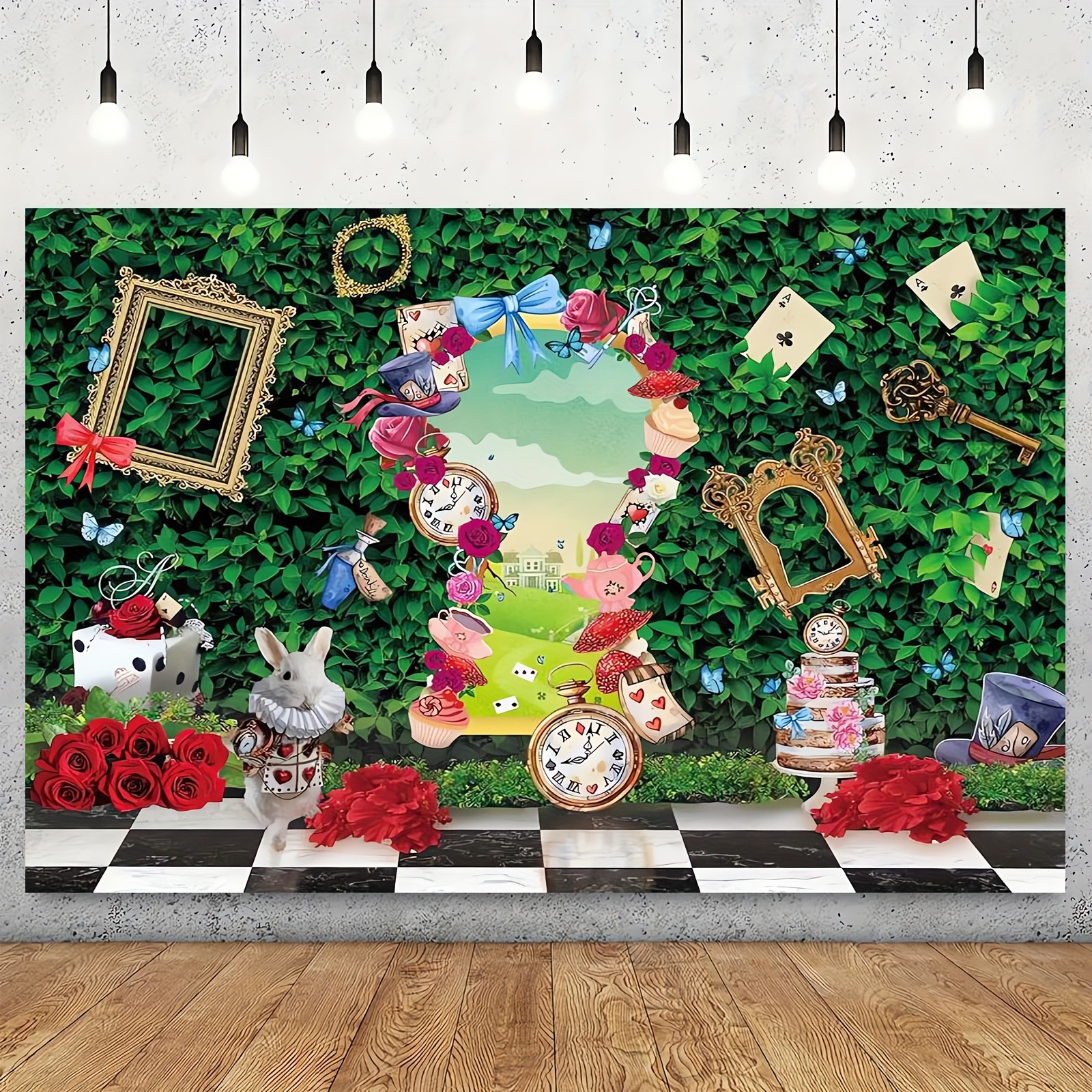 

1pc, 51×59inch/70.8×90.5inch, Wonderland Tea Party Backdrop Green Leaves Checkerboard Rabbit Wonderland Photography Background Little Princess Shower Birthday Party Decorations Supplies