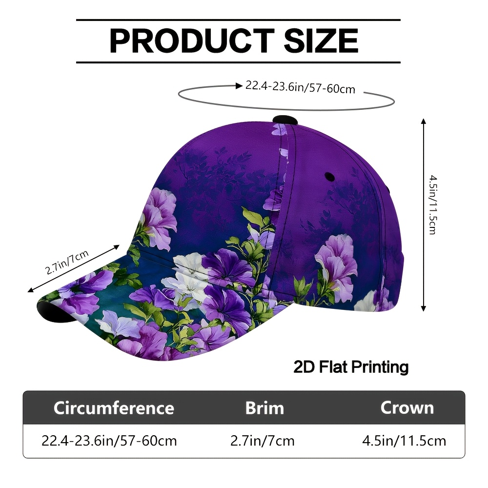TEMU 1pc 2d Flat Printing Purple Flowers And Butterflies Pattern Baseball - Fashionable Adjustable Duckbill Hat, Lightweight Design, Great For