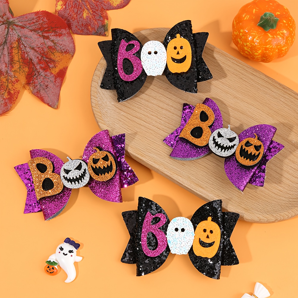 TEMU 4pcs Glitter And Pumpkin Bow Hair Clips For Halloween Parties - Black And Purple Bow Hairpins Cute Hair Additions For Party Decor