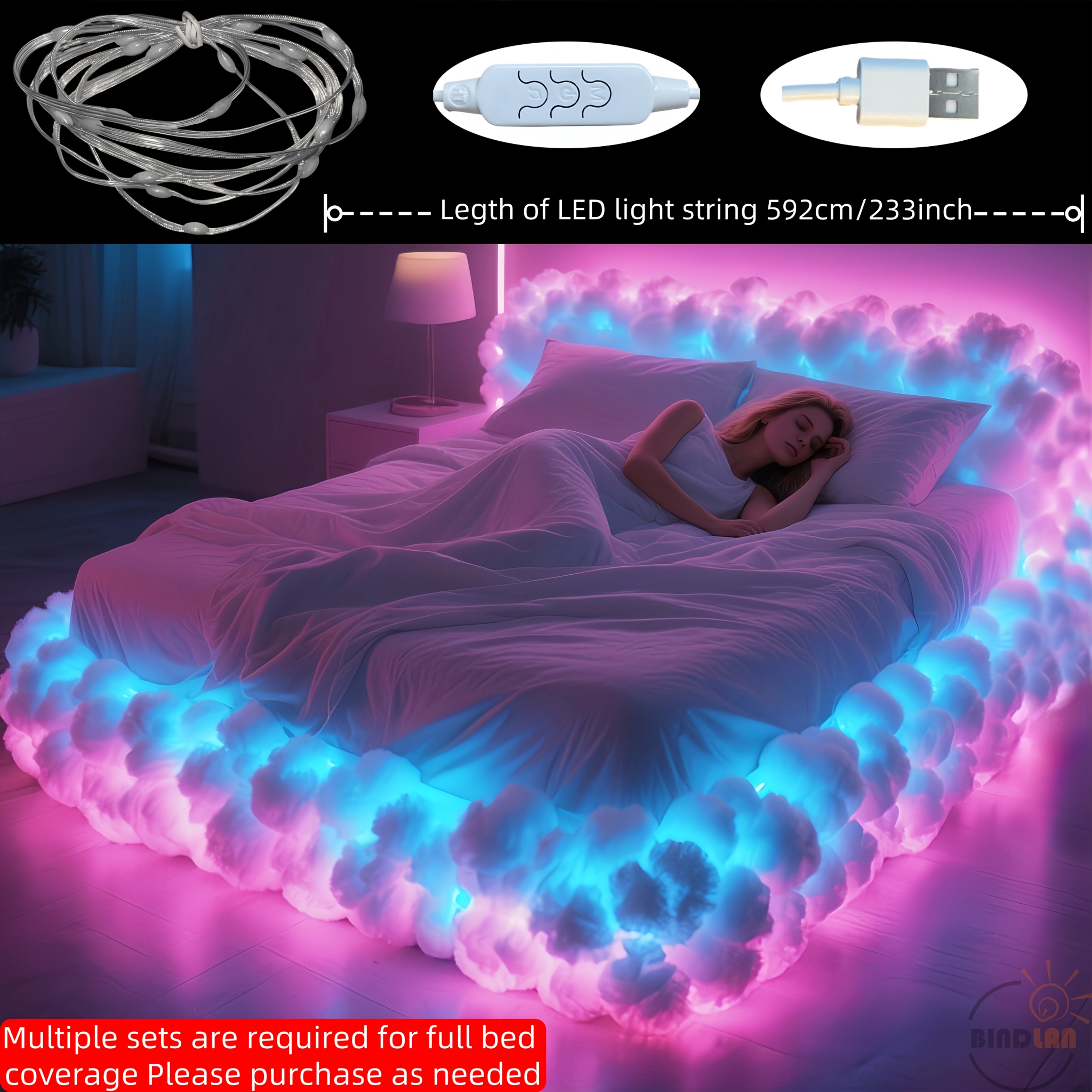 RGB 3D Cloud Lamp, 5.92meter LED String Lights | USB Powered, Thunder Cloud Shape Night Light, Music Sync, Multi-color Bed Frame Decor Light, Ideal for Bedroom, Game Room, Birthday Parties & Christmas to Create Cozy Ambiance, Wall/Ceiling Light.