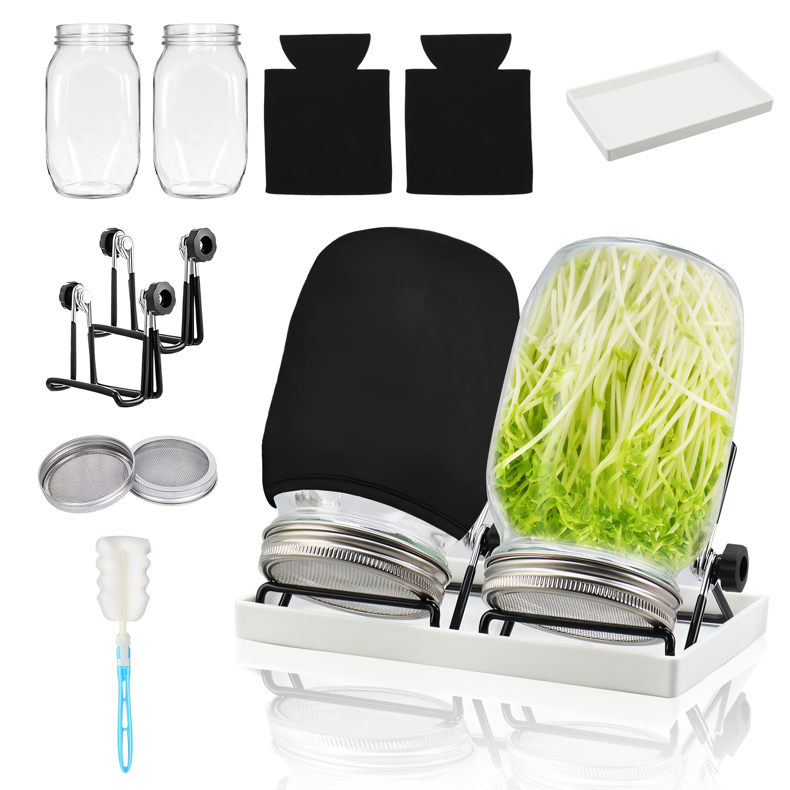 Image of 10pcs -one Germination Planting Kit: 2pack 380ml Mini Mason Jars With Filters, Germination Lids, Jar Holder, Tray, Blackout Cover & Brush - Complete Seed For Soybeans, Broccoli, Herbs & More