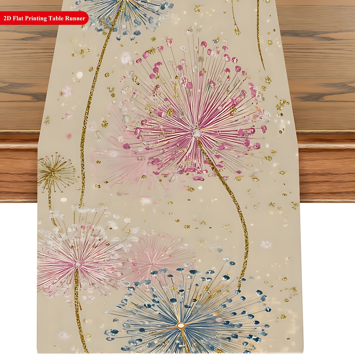 TEMU 1 Stück, 2D-Flachdruck, frischer verträumter Stil, Tischläufer mit hellbeigem Untergrund, rosa-blauen Pusteblumen-Radialsamen, goldenen Stielen