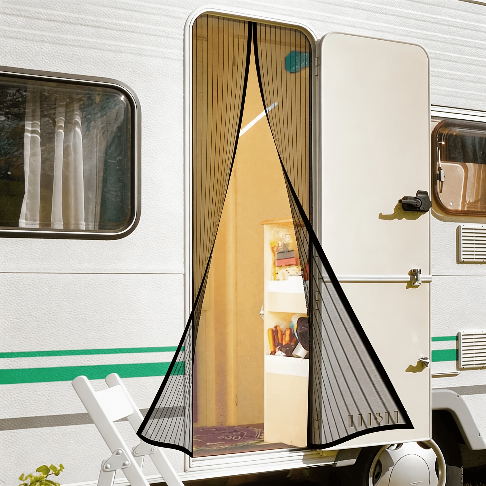 Image of 1pc Rv Door Curtain, Camping Car Net Door, Vehicle Net, Breathable Insect-proof Door Curtain, No-drill Design, Rv Net