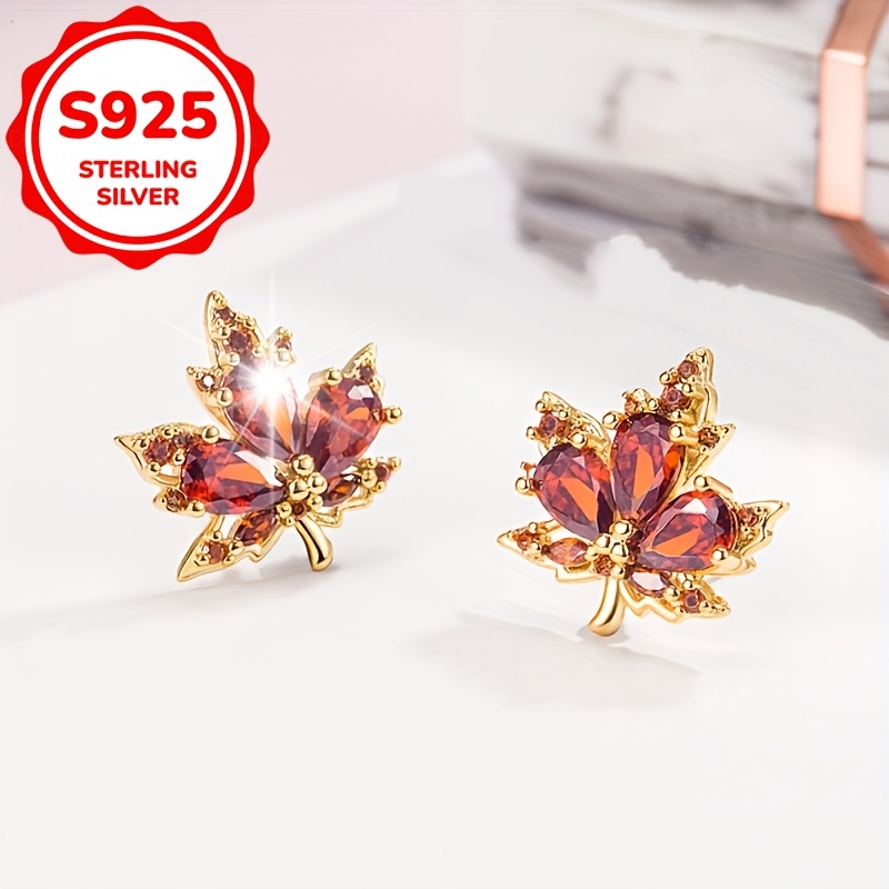 Women's S925 Sterling Silver Caramel Maple Leaf Stud Earrings, Elegant Design