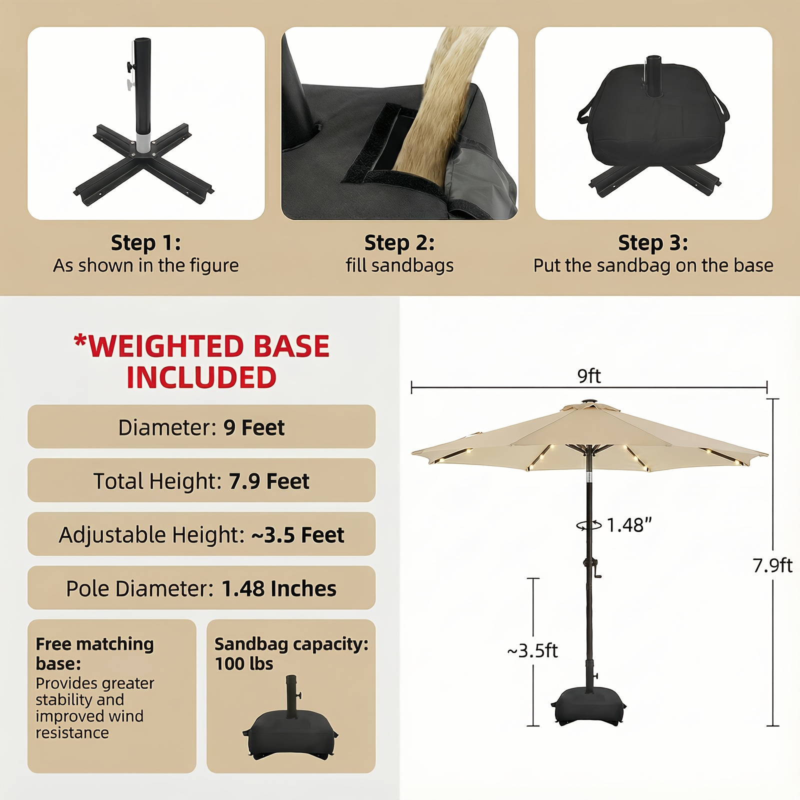 Solar 9ft Market Umbrella with Base, Deluxe 32 LED Lighted Patio Umbrella, Patio Umbrellas Outdoor Table Umbrella with Ventilation, Solar Umbrella with Push Button Tilt/Crank for Garden, Deck, Backyard, And Pool