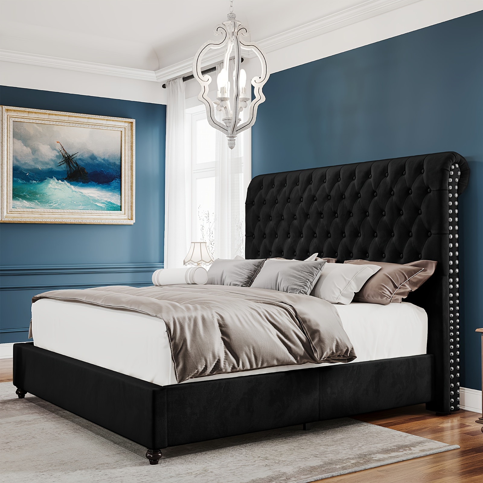 TEMU Cattikury Upholstered Bed Frame Bed Frame Headboard 52.8" Tall, Bed
