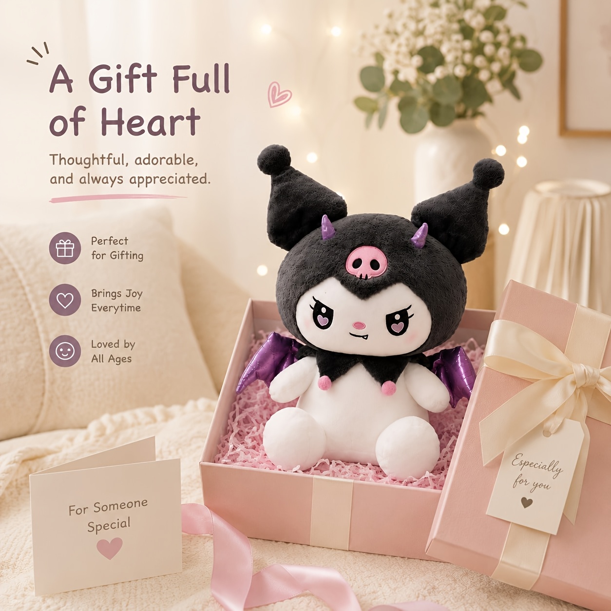 Kuromi Demon Plush Doll 35cm – Horns & Wings, Soft Cute Toy In Black-lilac, Halloween Christmas Gift For Girls And Kids