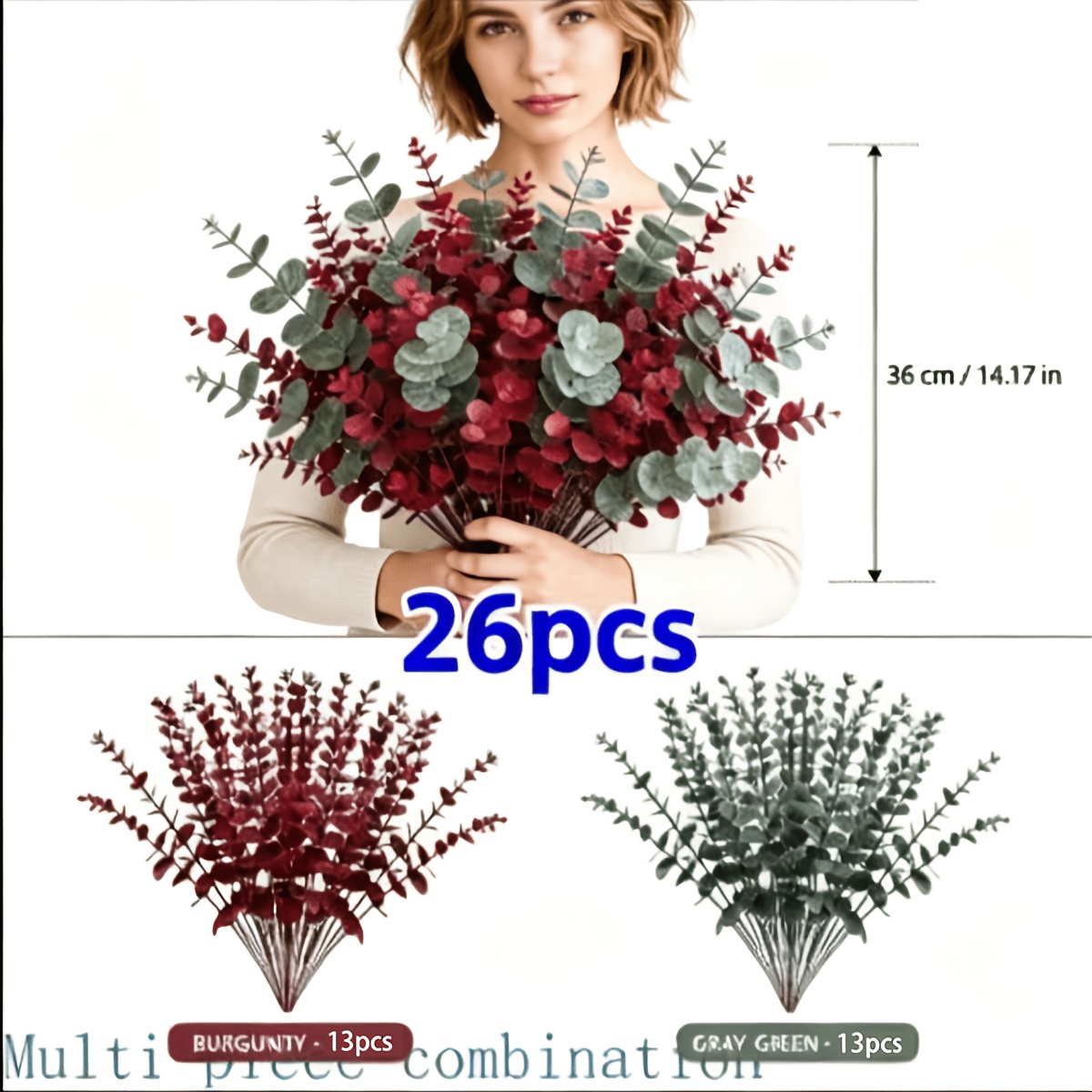 TEMU Set di 26 rami di eucalipto realistici, 13 pollici vino e 13 pollici verde grigio, foglie artificiali realistiche alte 14,17 pollici/36 cm, per