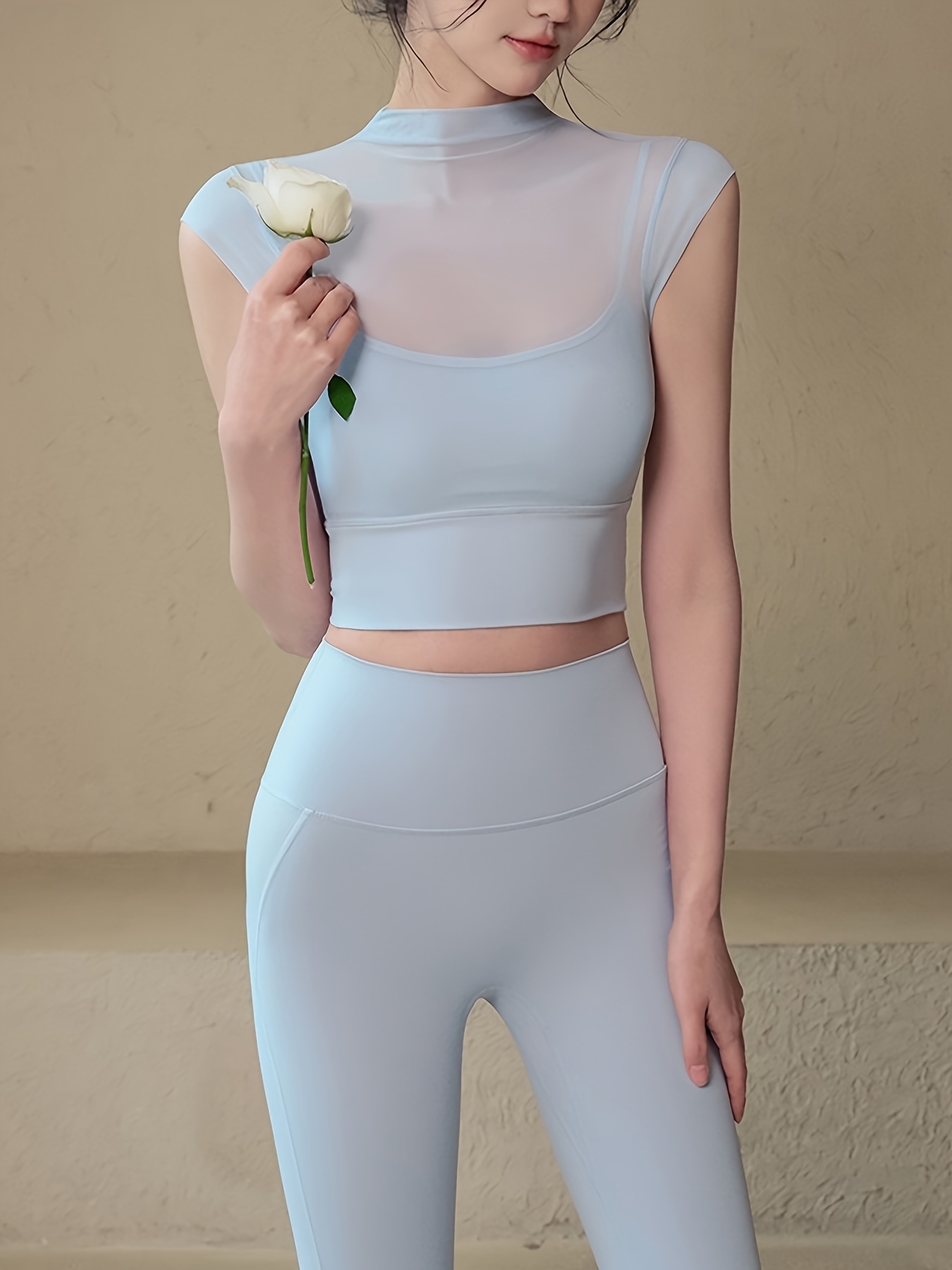 two piece set womens spring summer autumn mesh thin yoga tight top and leggings elegant outerwear fitness short sleeved pilates training outfit details 6