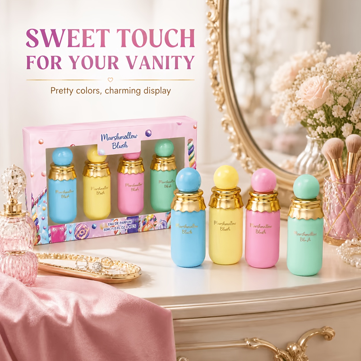 TEMU 4pcs Macaron Candy Color Women Perfume Set, Sweet Marshmallow Eau De Toilette, Long Lasting Light Fragrance Spray, Cute Pastel Bottle Fragrance,