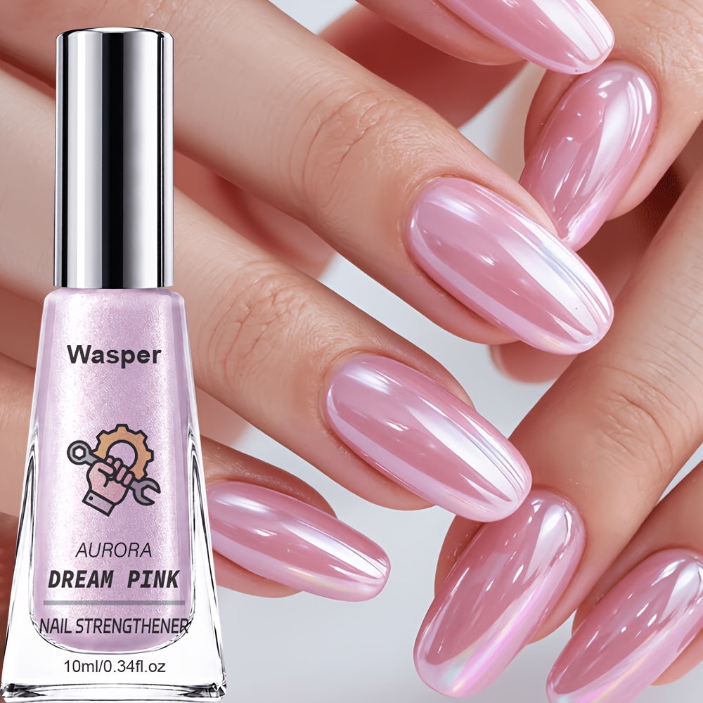 Image of Hailey Aurora Pink Glaze Nail Strengthener 10ml - 2-in-1 Nail Polish, Natural Drying, Pink Pearlescent Manicure, Long-lasting Gloss, Enhances Nail Surface Shine