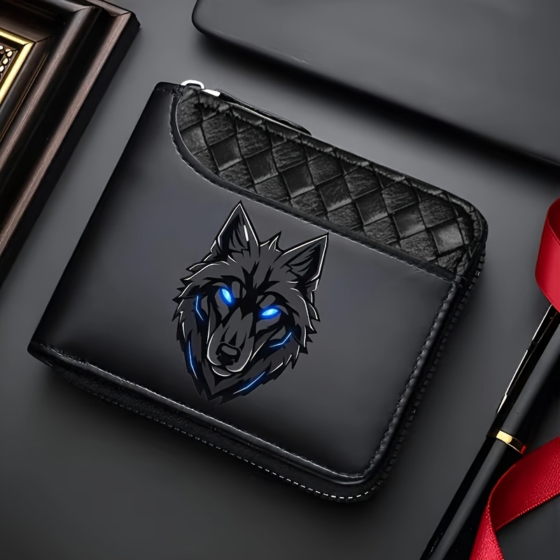 TEMU 1-pack Cool Wolf Head Print Men's Zipper Wallet, Rhombus Pu Multi-card Slot Large Capacity Card Holder With Coin Pocket, Short Style Wallet,