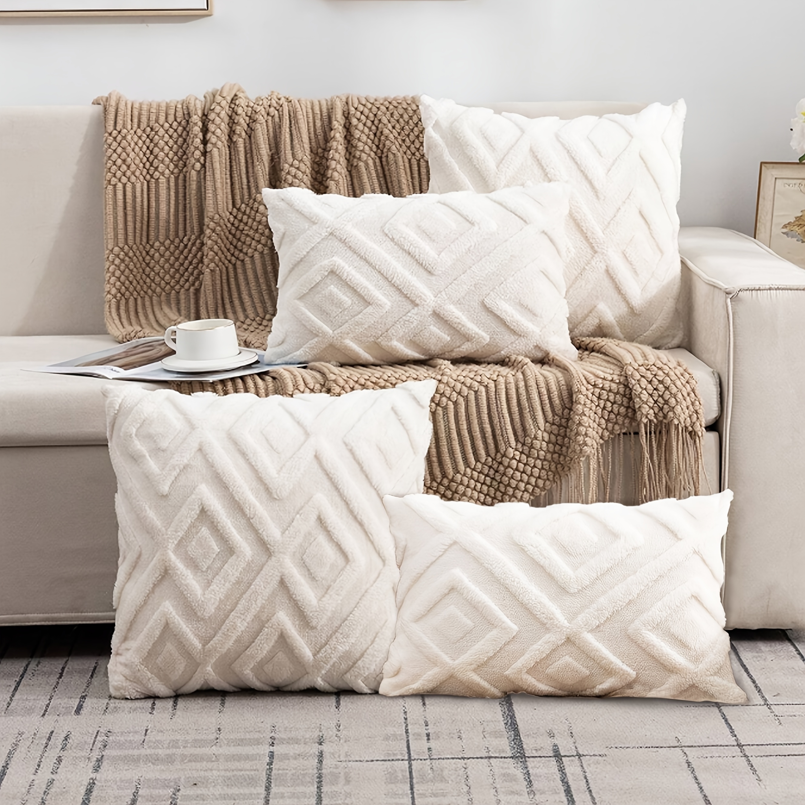 E-shop 4er-Set, Boho Abstrakte Kissenbezüge, Weiche Plüsch Wohnkissenbezüge, 12In X 20In, 18In X 18In, Polyester Bauernhaus Fuzzy Deko Kissenbezüge mit