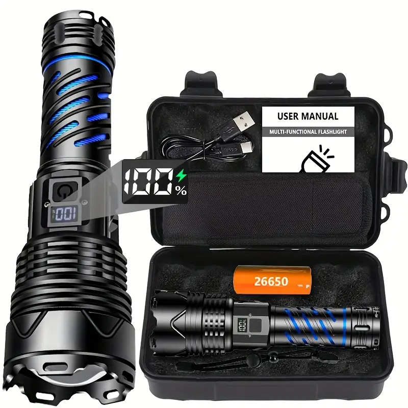 1pc Rechargeable LED Flashlight, Portable Handheld * Light with 5 * Long-Range * Aluminum Alloy, USB Type-C, Non-Waterproof, Smart Battery Display, Adjustable Zoom, for Outdoor Use * Lanyard, Manual, ... 1pc Rechargeable LED Flashlight, Portable Handheld * Light with 5 * Long-Range * Aluminum Alloy, USB Type-C, Non-Waterproof, Smart Battery Display, Adjustable Zoom, for Outdoor Use * Lanyard, Manual, ...
