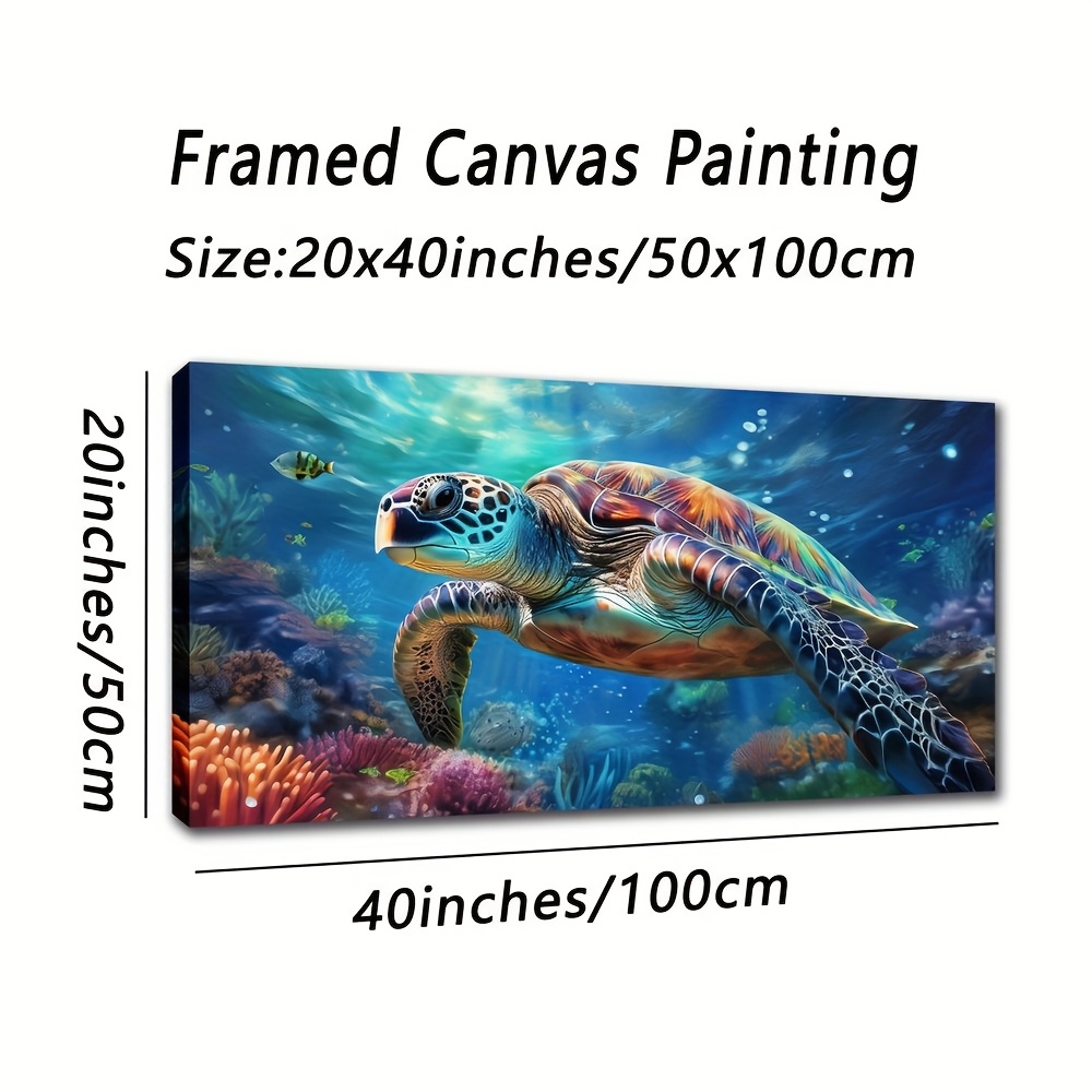 TEMU Large Framed Abstract Sea Turtle Oil Painting, Retro Artwork For Living Room And Office Decor, 20x40 Inches (50x100cm) With Wooden Frame,