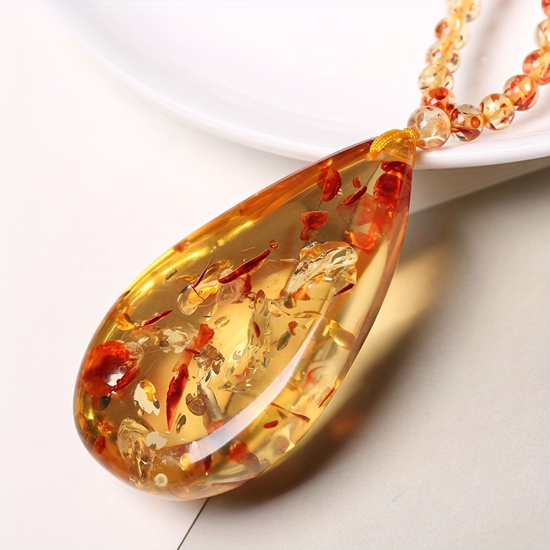 Bohemian Style Amber Pendant Necklace, Calming Stone, Teardrop Shape