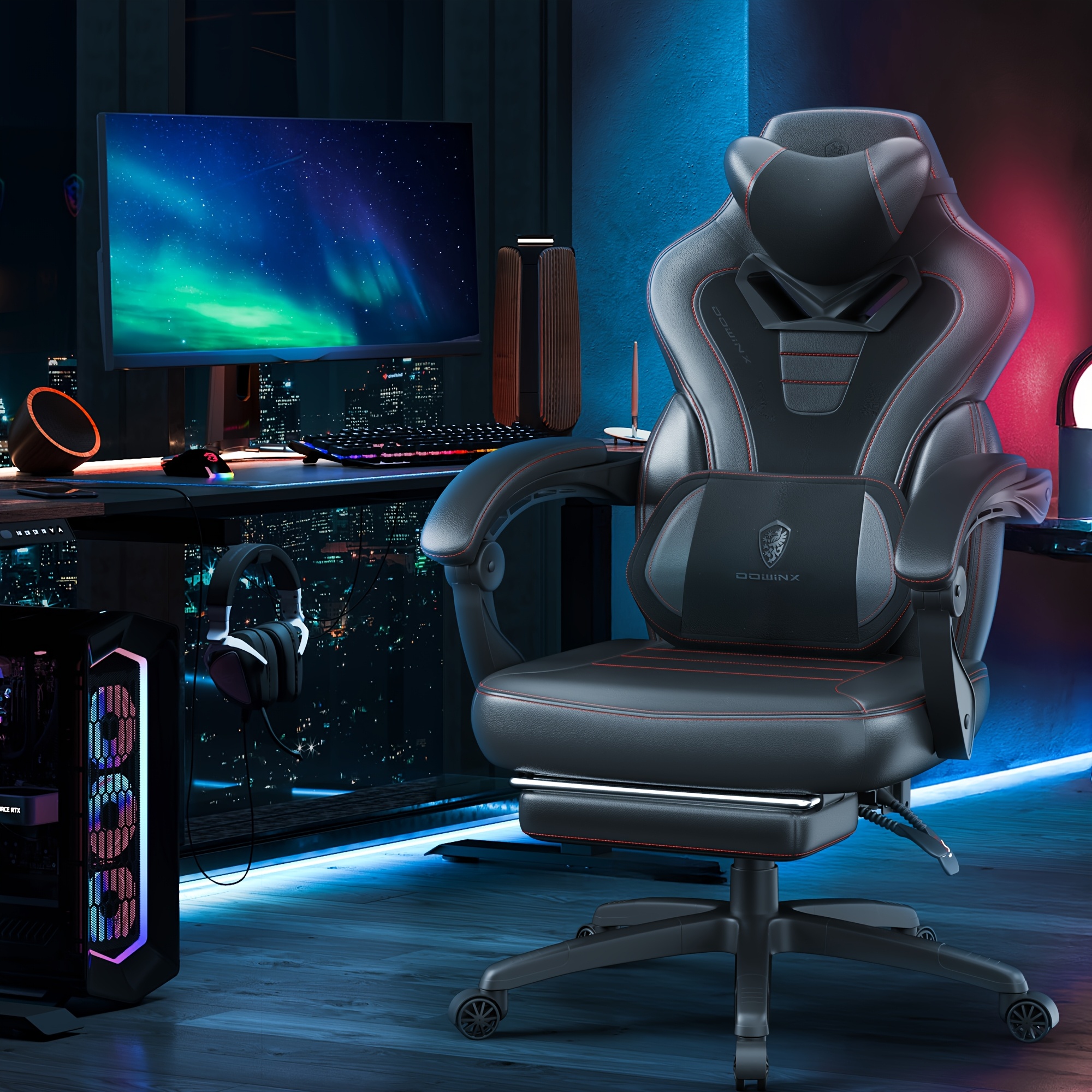 Image of Gaming Chair With Footrest, Gaming Chair Suitable For Heavier People, Adult Recliner-style Gaming Chair With Headrest And Lumbar Support, 300 Lbs Load Capacity, In Black, Blue And Other Colors