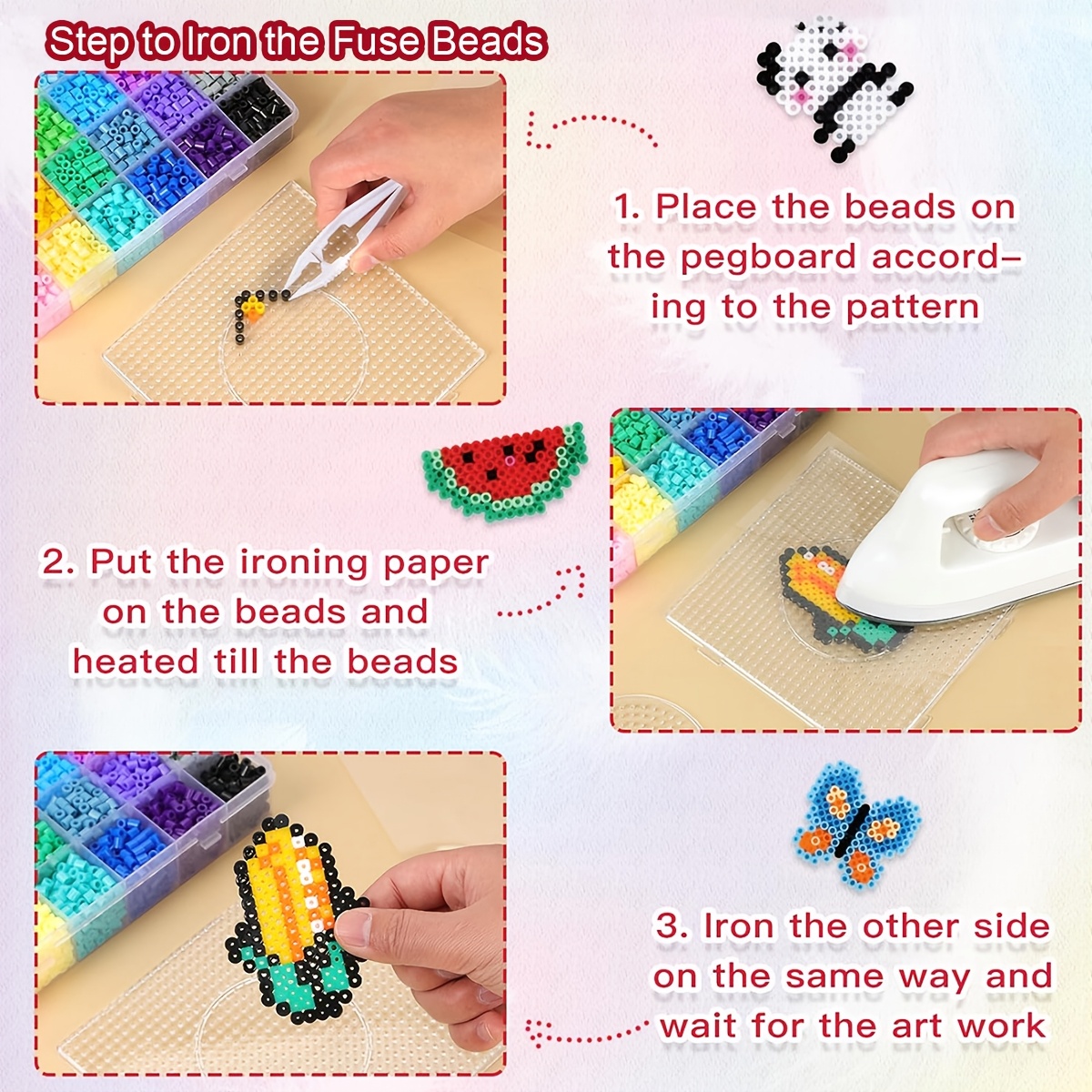 24 48 72 96 color fuse bead set 2 6mm multi color fuse bead filling bag diy handcrafted fuse bead set with lanyard keychain square nail board storage box tweezers birthday graduation valentines day easter gift Product details 4