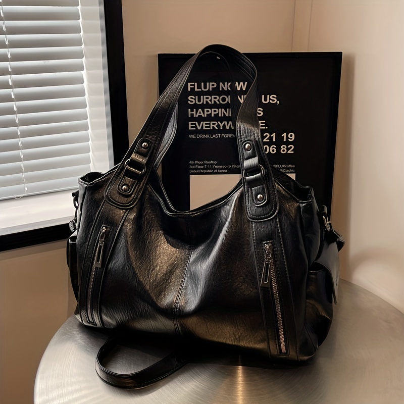 

Sac Fourre-Tout Chic en Similicuir Noir avec Accents de Rivets - Sac à Épaule et Bandoulière Spacieux à Compartiments Multiples pour Femmes, pour un et des Courtes Sorties