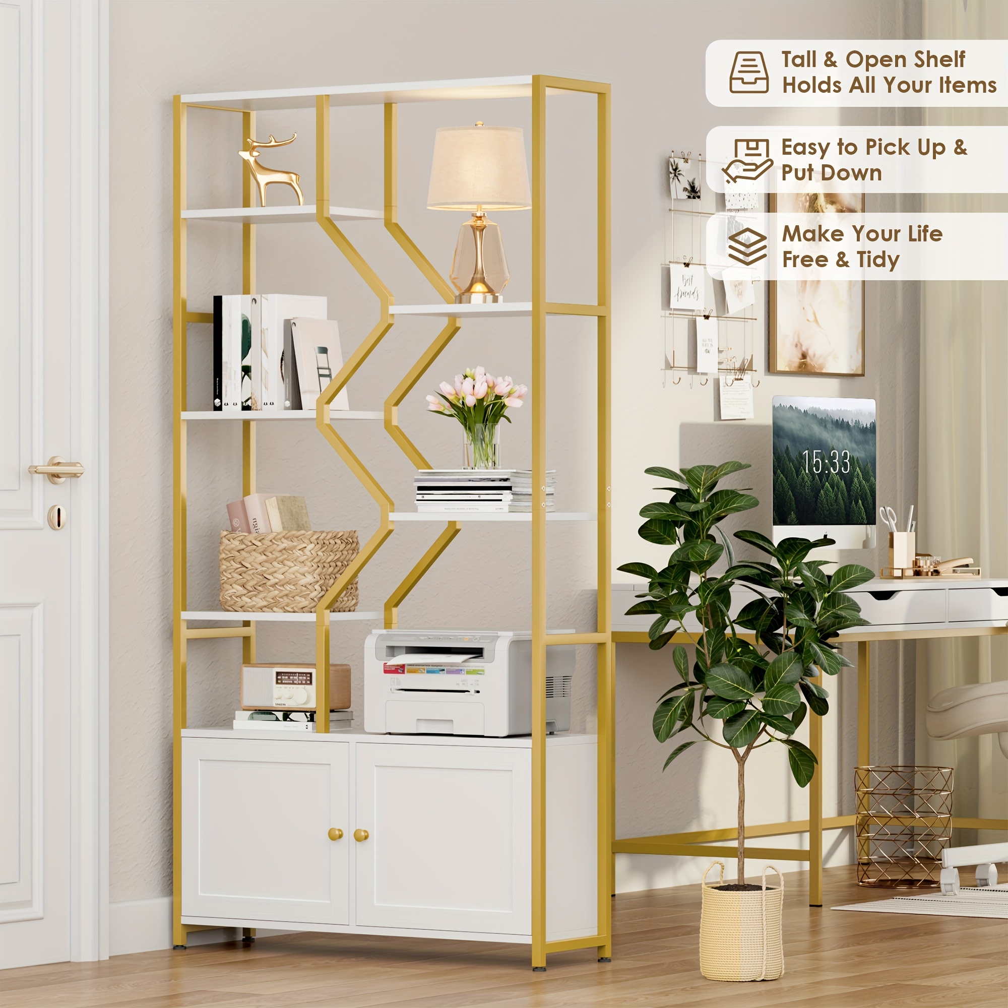 76'' Tall Industrial Bookshelf with Doors, Display Large Bookcase With Storage and Organization Cabinet, Unique Geometric Metal Frame Design, Sturdy Wooden Shelves, Organizer for Library, Living Room, Bedroom, Office, White and Golden/Brown and Black