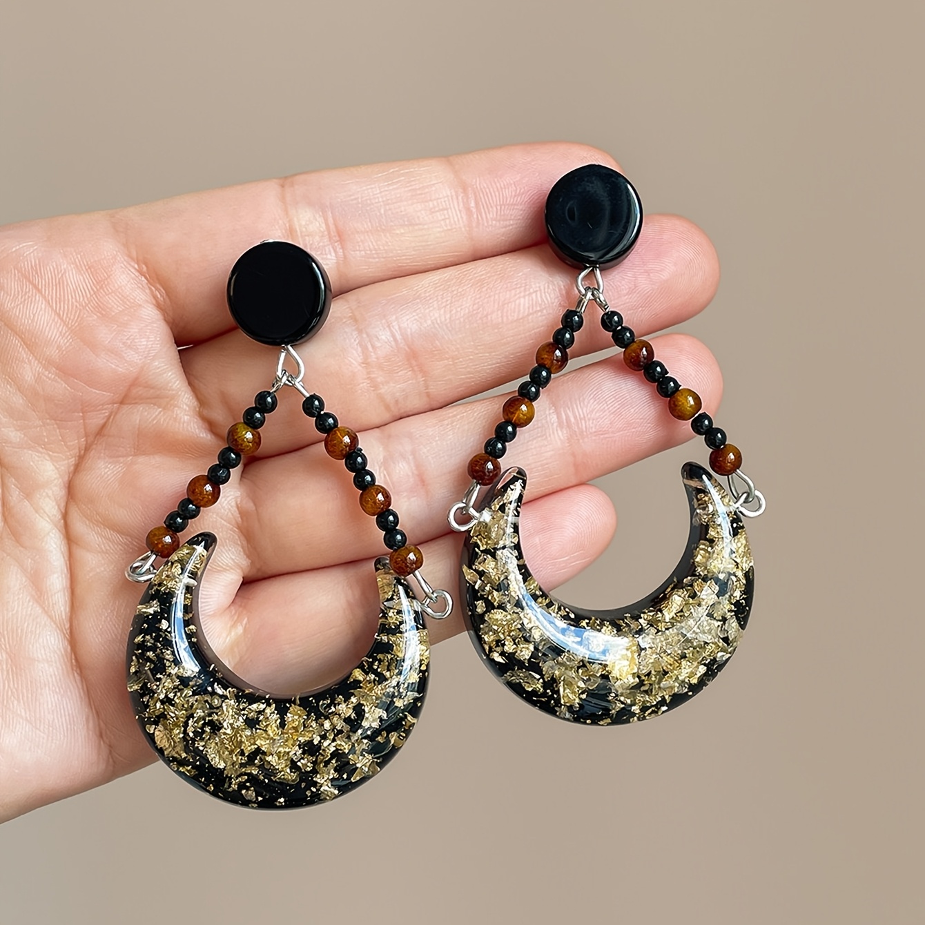 Women's Vintage Black & Golden Moon Beaded Dangle Earrings