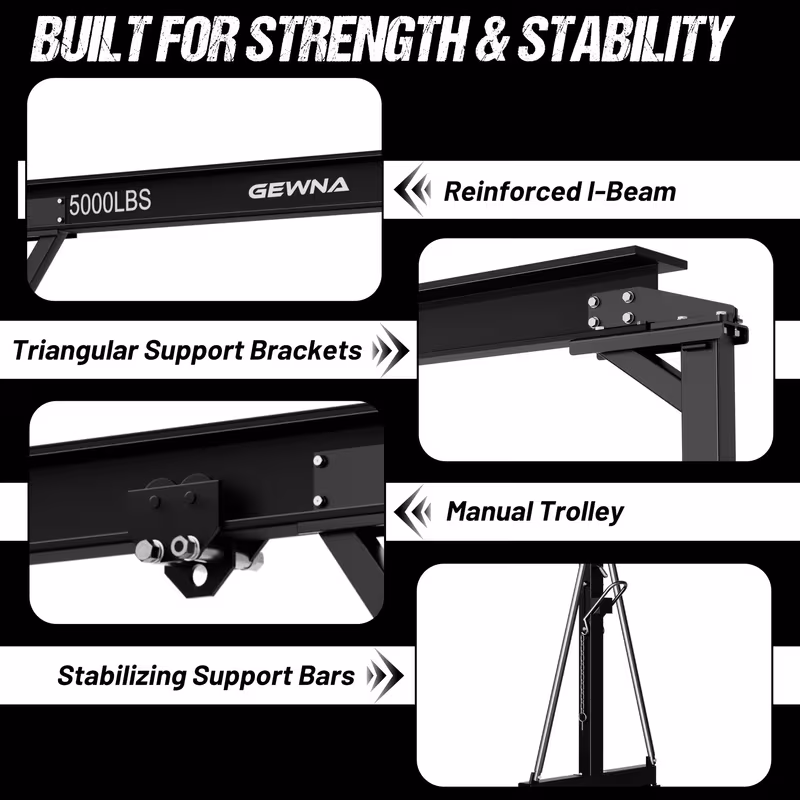 crane 5000lbs steel construction adjustable height 8 53 12 47ft with 360 locking wheels portable shop hoist for auto repair Product details 4
