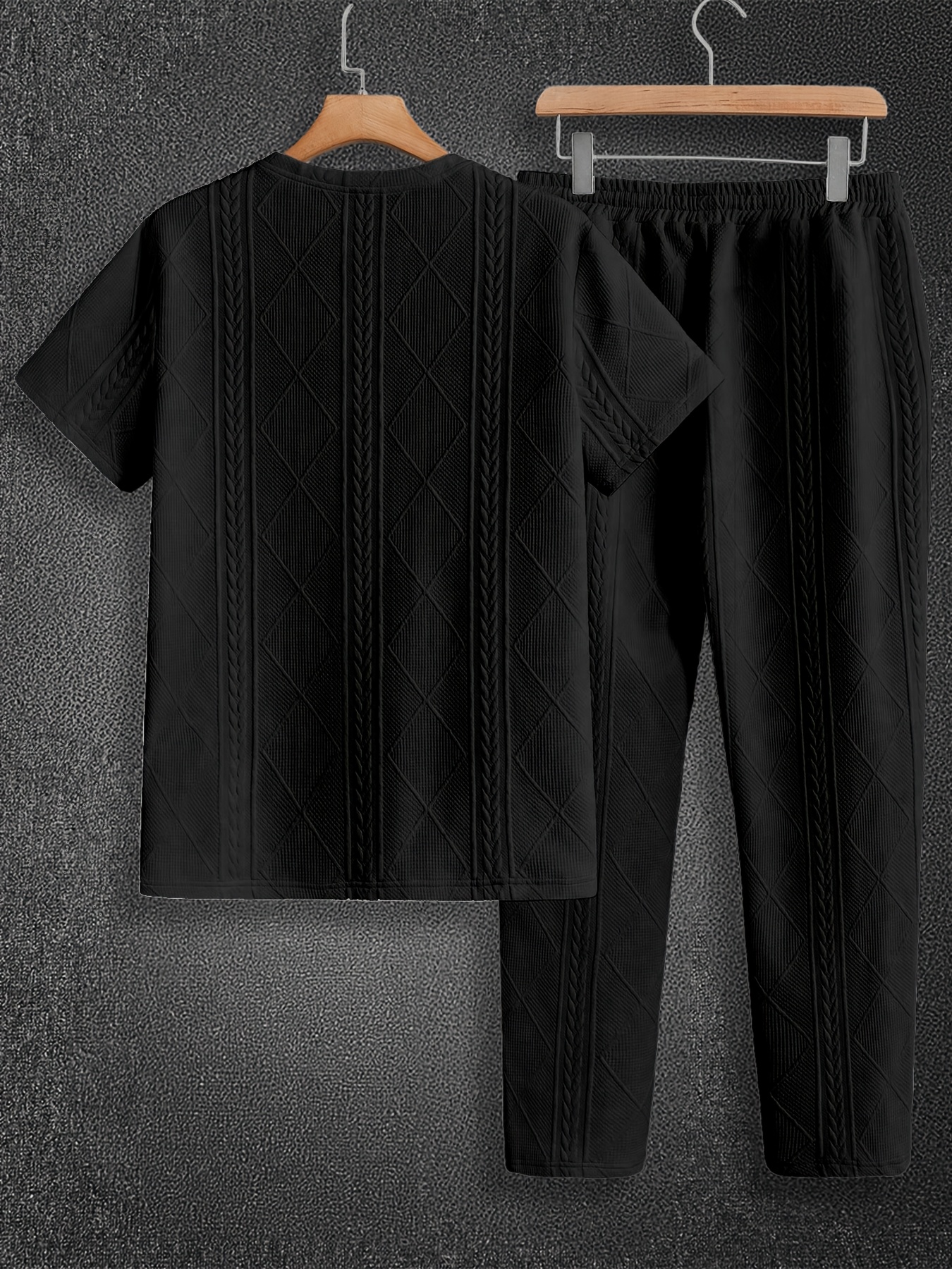 Men'S Suit Round Neck Car Knit Label Tassel Texture Short Sleeve Top Drawstring Slant Pocket Long Pants Casual Two-Piece Set