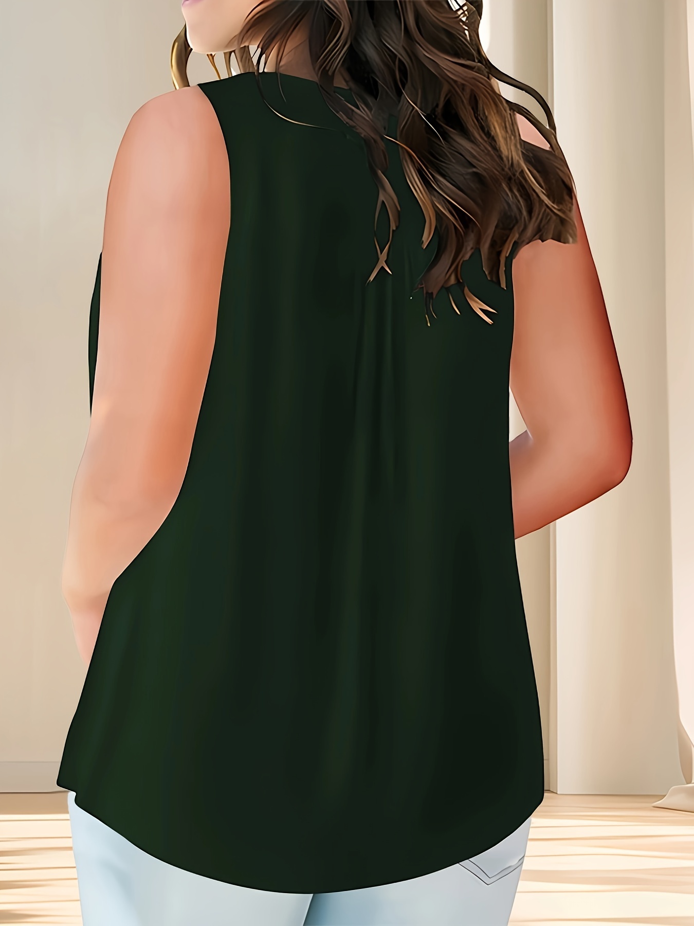 Plus Size Solid Ruched Tank Top, Casual Sleeveless Button Front Notched Neck Top For Summer & Spring, Women's Plus Size Clothing