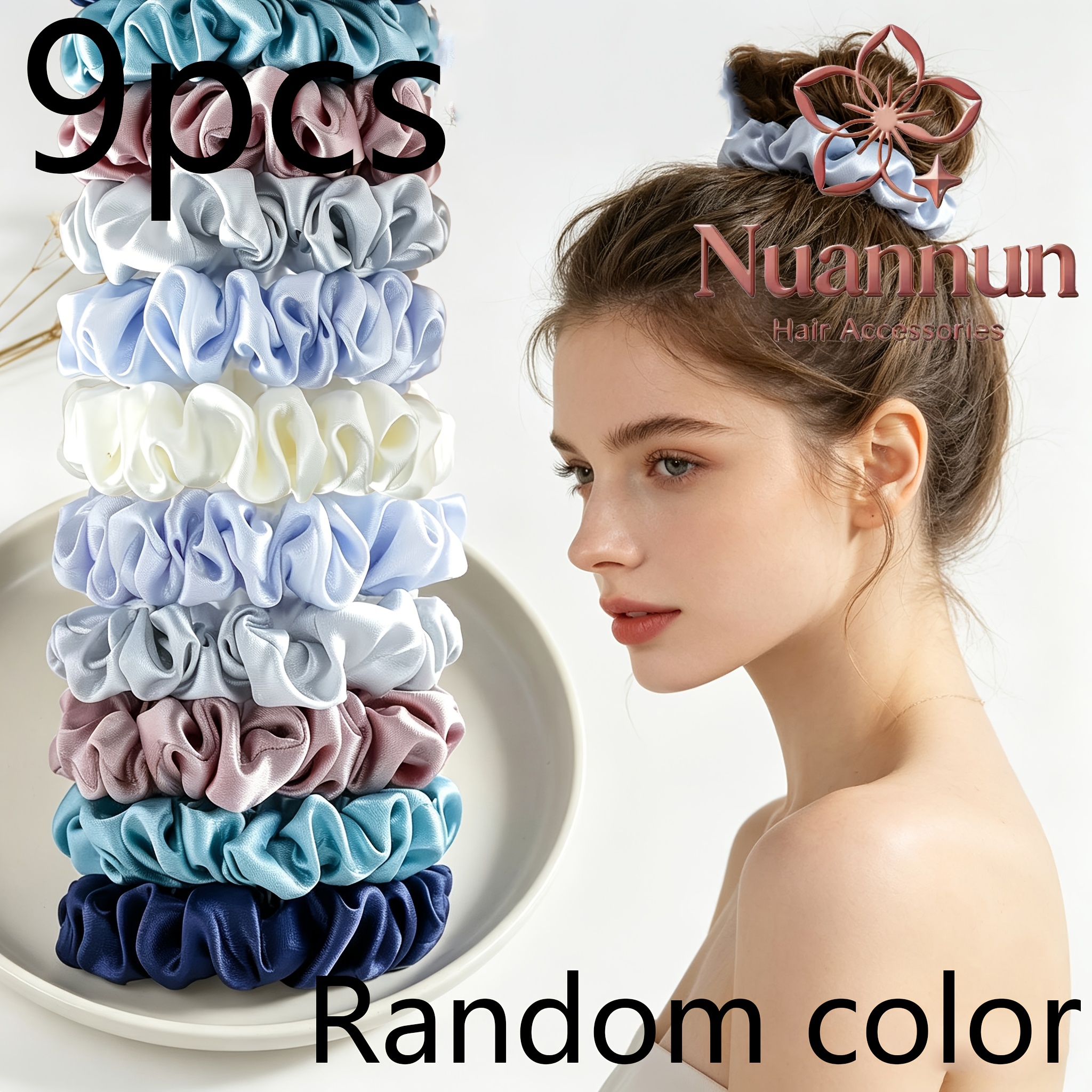 TEMU 9pcs Mixed Colors Random High-end Combination Satin Hair Ties, High And Low Ponytail Bun Hair Ties, Hair Additions