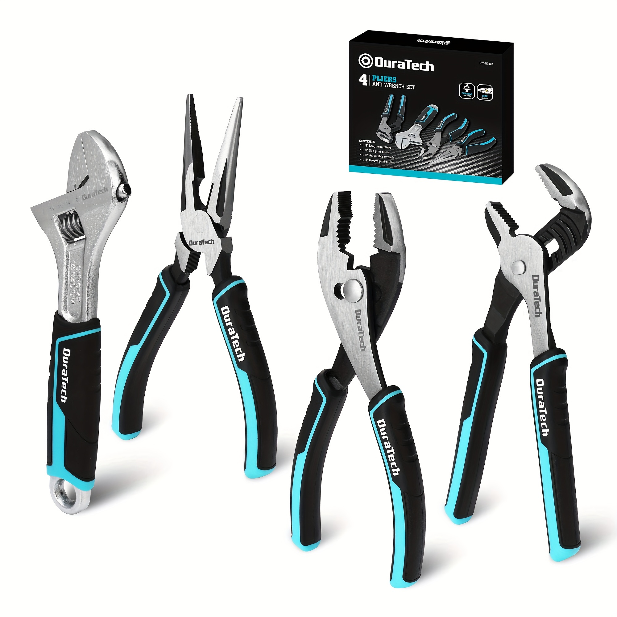 

Duratech 4-piece Pliers Set, 8" Long Nose Pliers, 8" Slip Joint Pliers, 8" Groove Joint Pliers And 8" Adjustable Wrench, For Home Use