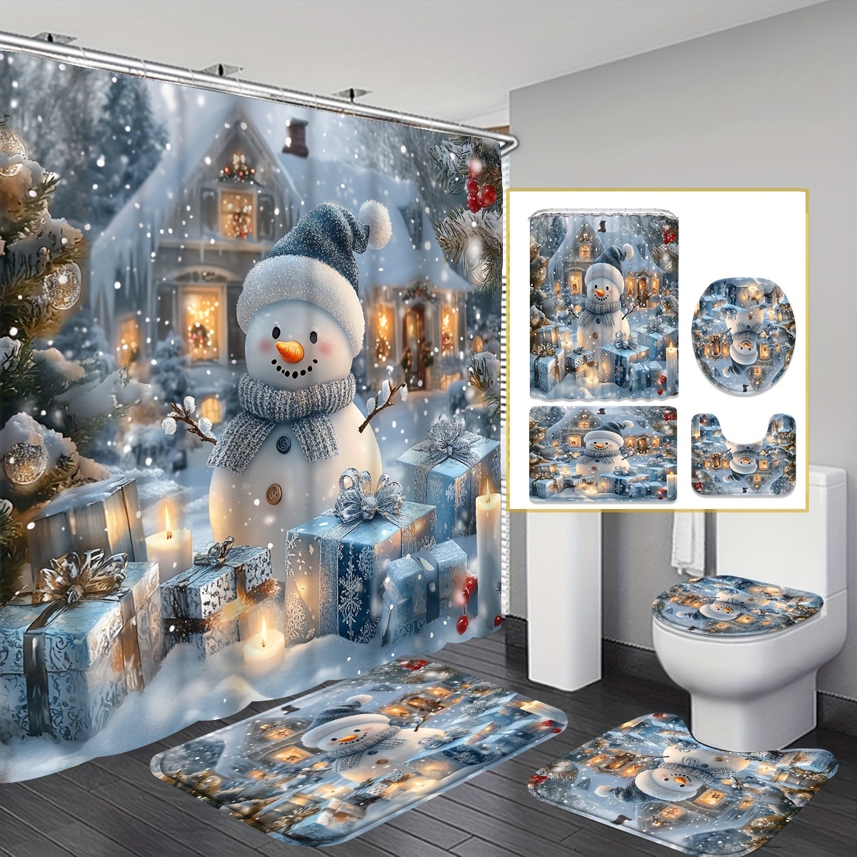 

1/4pcs Christmas Snowman Curtain Set, Including Curtain And Carpet, Polyester And , Suitable For Christmas Bathroom Or Decoration, 12 Bath Mat U-shaped Mat