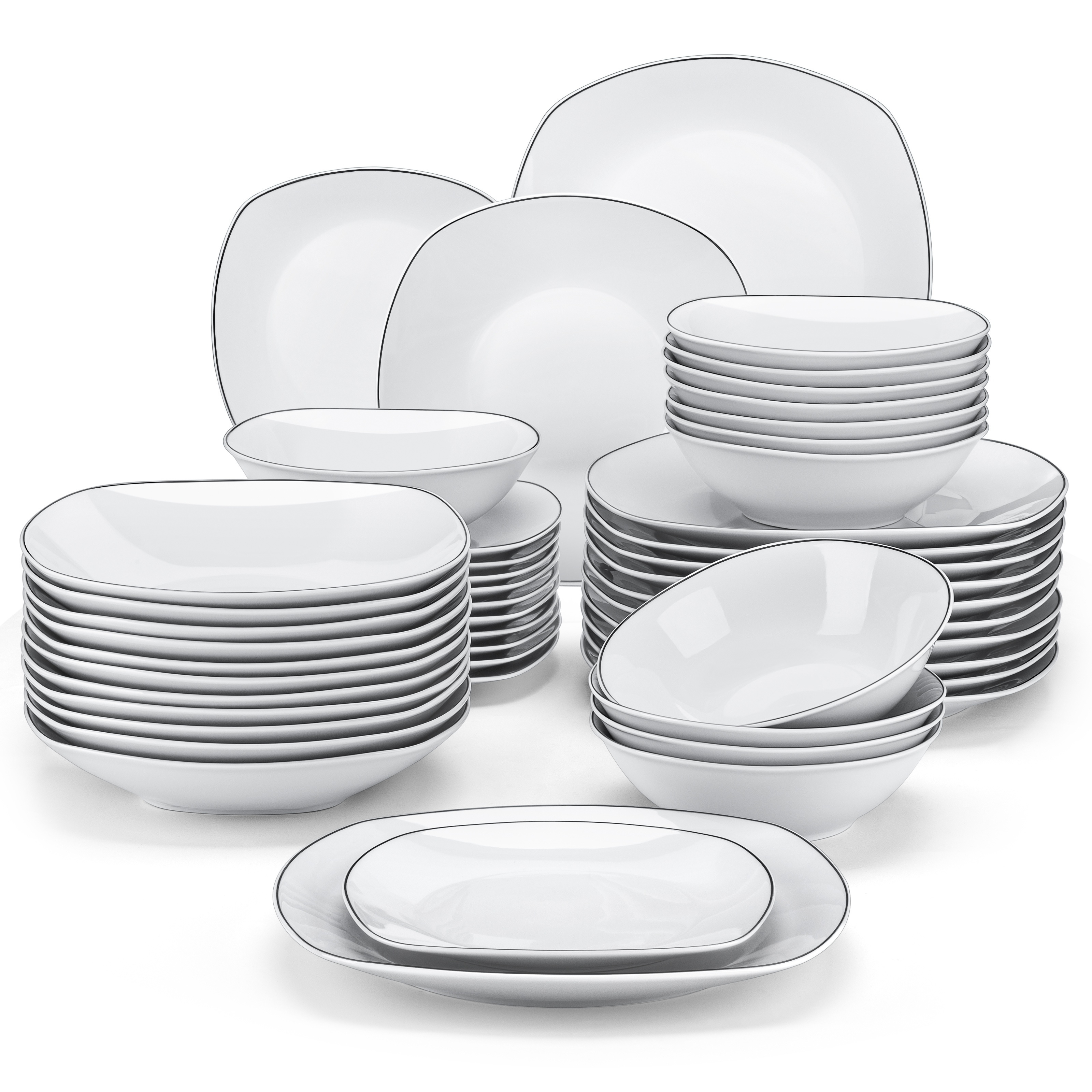 E-shop 48-teiliges Geschirrset Porzellan Elfenbeinweiß Schwarz Rand Teller Sets Tafelaufsatz mit Teller, Dessertteller, Suppenteller und Flockenbowl
