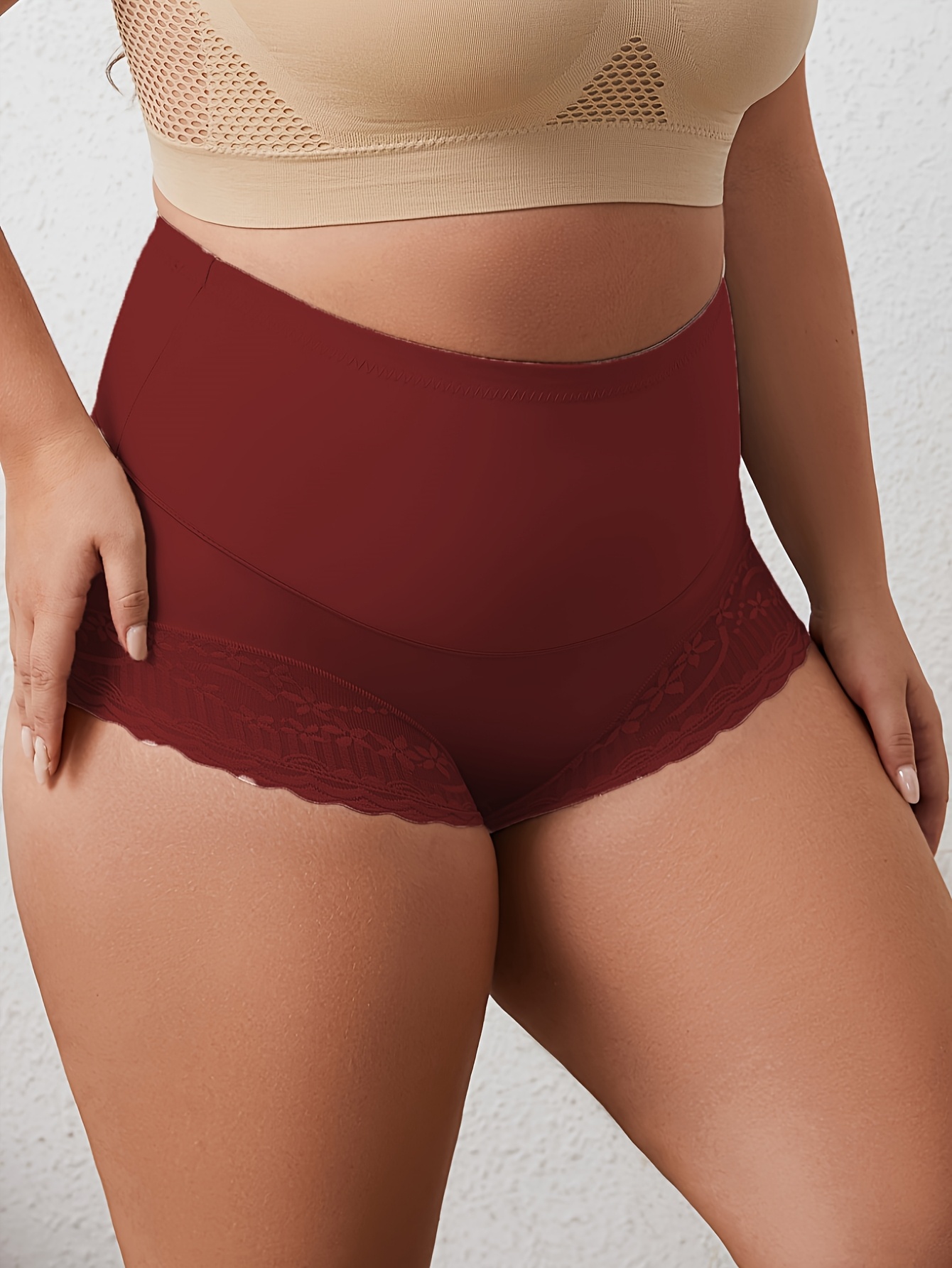 Women's Plus Size High Waist Shapewear Panties - Soft, Comfortable Nylon Blend with Lace Detail, Breathable & Elastic Tummy Control, Elegant Solid Color Briefs