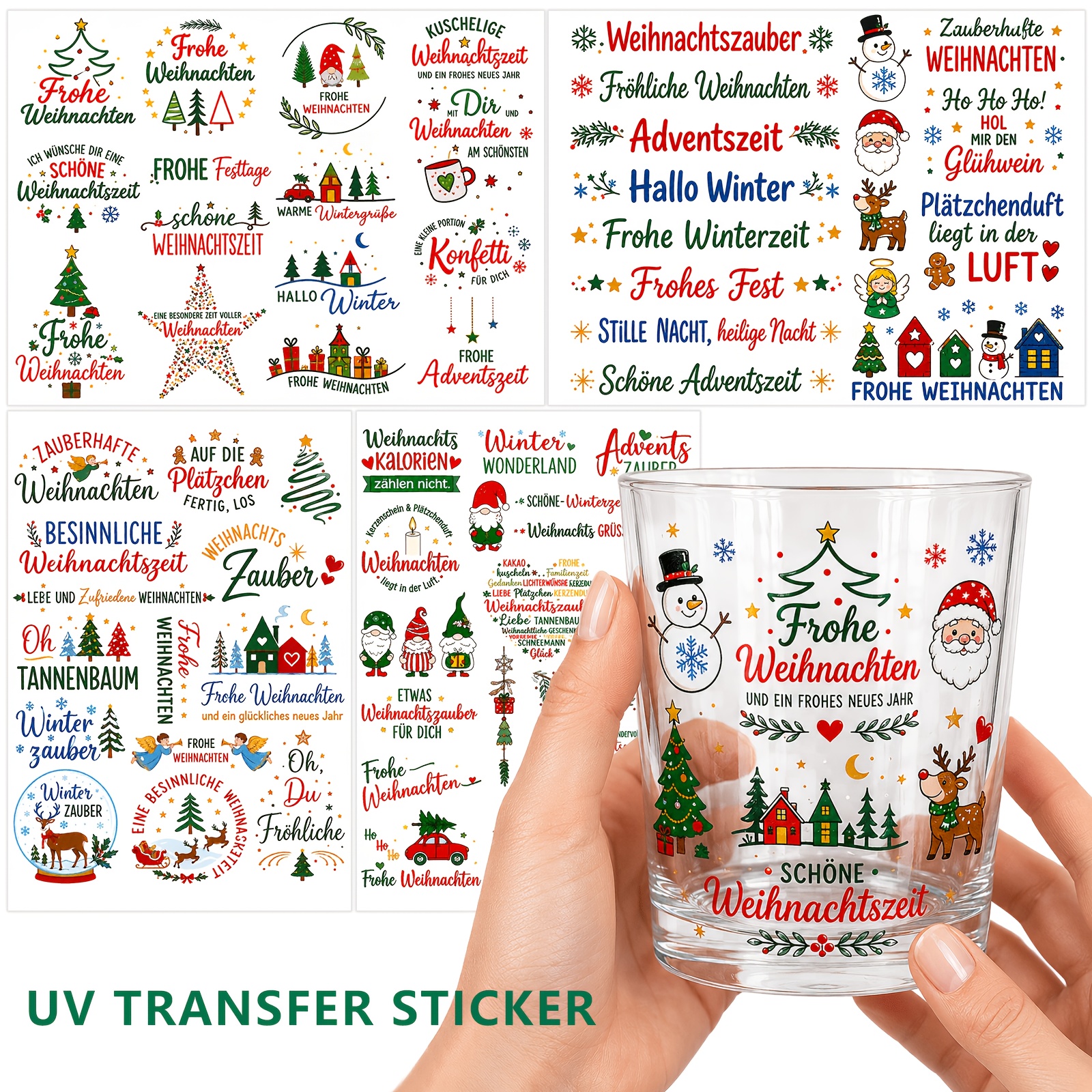 TEMU 4 Sheets Of Christmas-themed Uv Dtf Transfer Stickers Printed With The German Text "frohe Weihnachten" And Patterns Of Santa Claus, Reindeer,