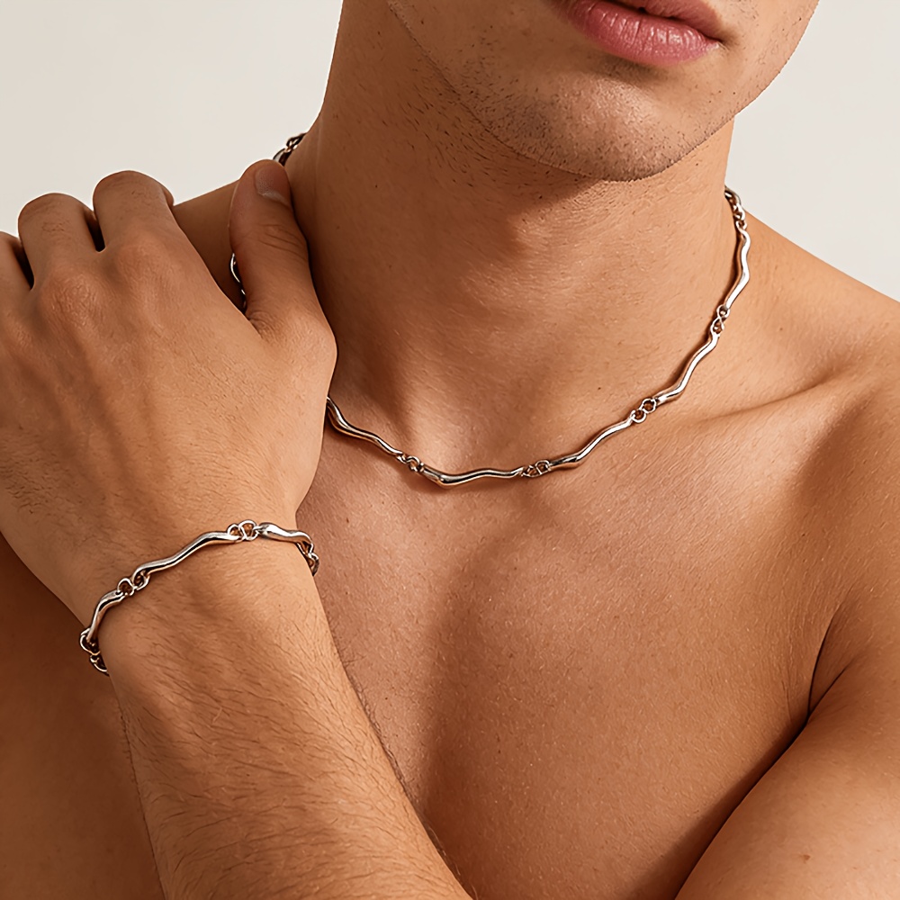 TEMU 2pcs Set Stainless Steel Knuckle Necklace And Bracelet Set, Men's High-end Minimalist Hip-hop Casual Accessories, Daily And Banquet Gift Jewelry
