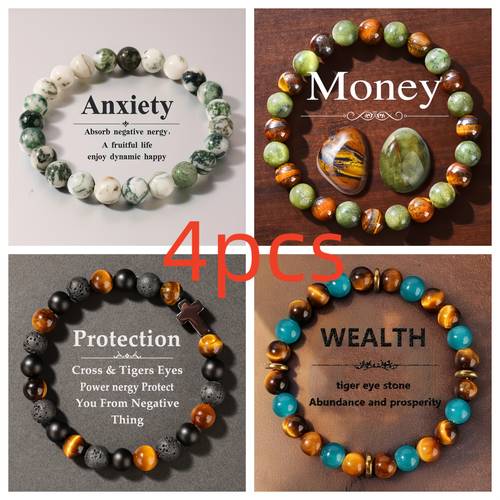 4pcs vintage stone bracelet 8mm tigers eye and southern stone stretch beaded jewelry success and good luck encourages men and women to jewelry as a gift charm