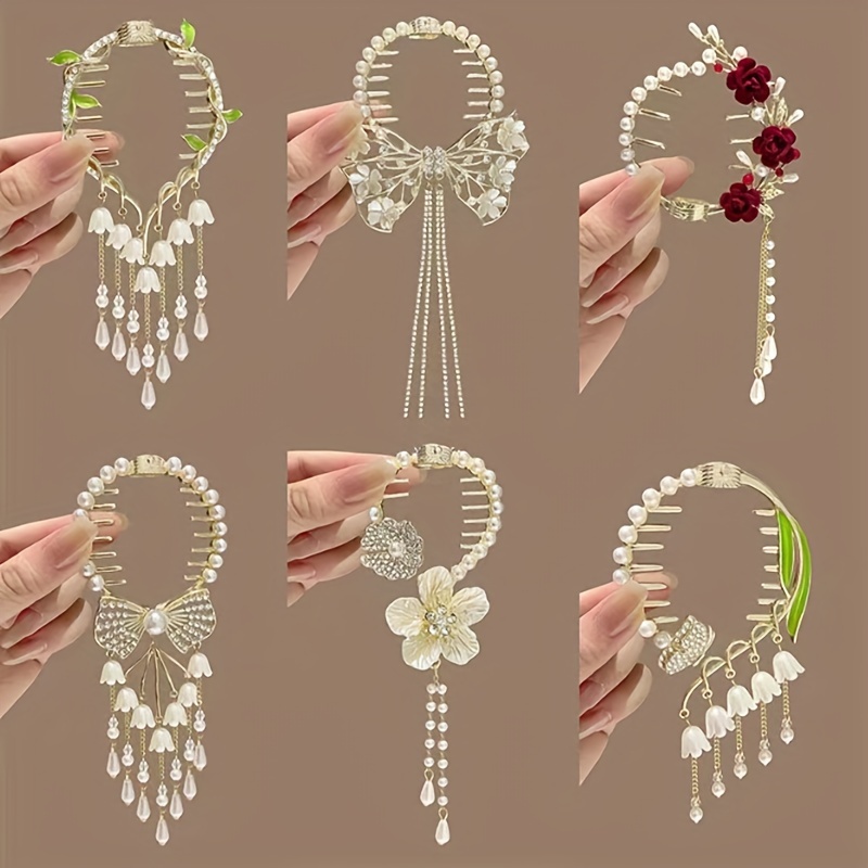 

6pcs Elegant Rose Ponytail Clip Decorated With Faux Pearl And Tassel Women Hair Accessories