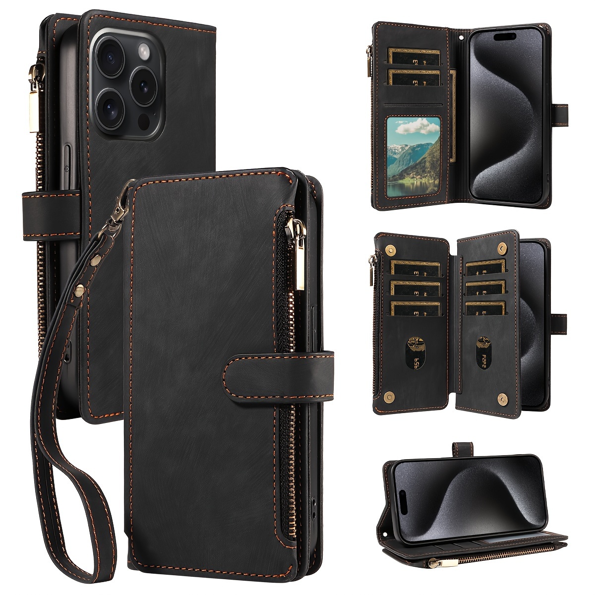 

For Iphone16pro Mobile Phone Case Leather Retro Card Wallet With Wrist Strap Protective Case