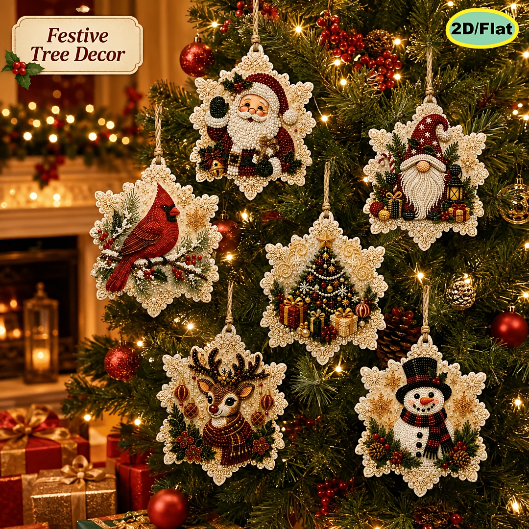 TEMU 6pcs Diamond Painting Kit, Christmas Themed 2d Flat Pearl Drill Painting Wooden Hanging Ornament, Diy Drill Art Material Set, 3.07×3.07 Inches,