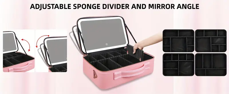 large size travel makeup bag with led with rechargeable three color lighting makeup bag with adjustable divider brush plate long suspenders andluggage strap suitable for travel parties business trips and other occasions details 1