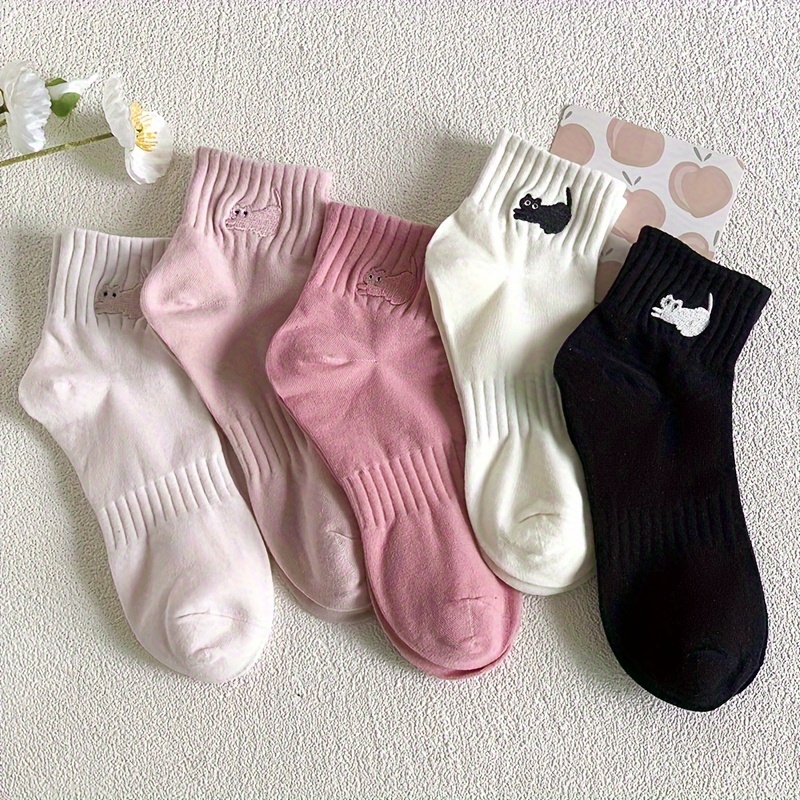 

5 Pairs Cat Embroidery Socks, Cute College Style Short Socks, Women's Stockings & Hosiery